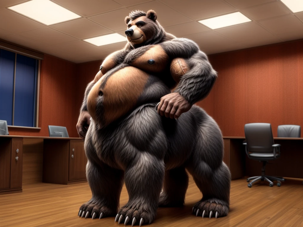 furry, fur taur, beartaur, middle-age, solo,1man, detailed face, bear ears, bear eyes(brown), bear nose(black), bear mouth, garibaldi beard(grey), hair, mature hair(grey), detailed arm, thick arm, forearm hair, muscular, thick hands(5 fingers), thick claws, detailed body belly, thick body, muscle belly(white), thick chest, chest hair(white), nipples, detailed taur body, thick taur body, waist hair, thick bear paws, bear paws hair, thick bear claws, thick bear tail, bear tail, full body shot, standing in the meeting room
