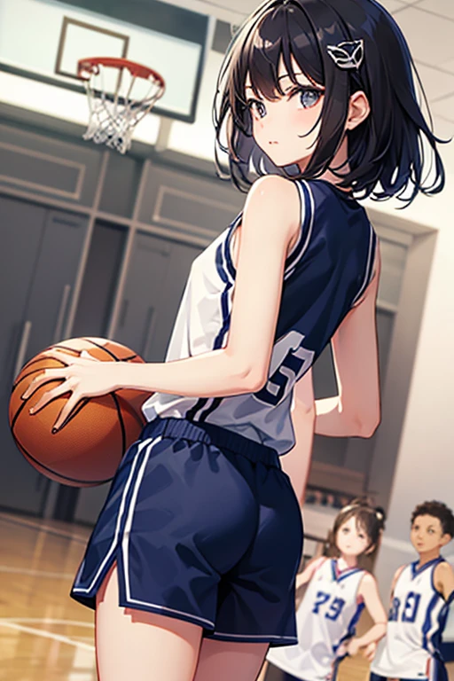 Highest quality、Black Hair、Iris、short hair、girl、cute、16 years old、、Small hair ornament、1 person、Sportswear、soccer、Take the shot