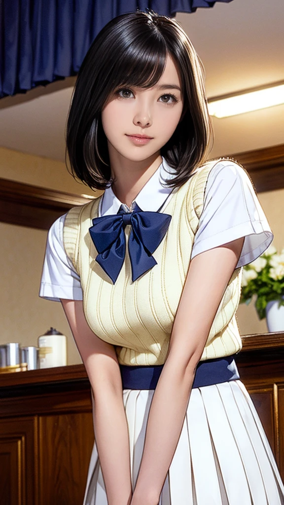 (masterpiece:1.2, Highest quality), (Realistic, photoRealistic:1.4), (Large Breasts), Beautiful illustrations, (Natural Side Lighting, Cinema Lighting), Written boundary depth, Looking at the audience, (Face Focus, Upper Body), Front view, 1 girl, Japanese, high school girl, 15 years old, Perfect Face, Symmetrical cute face, Glowing Skin, (Bob Hair:1.7,Black Hair), Asymmetrical bangs, Big eyes, Droopy eyes, long eyelashes chest), thin, Beautiful Hair, Beautiful Face, Beautiful and beautiful eyes, Beautiful clavicle, Beautiful body, Beautiful breasts, Beautiful thighs, Beautiful legs, Beautiful fingers, ((Quality fabric texture, brown knit vest, Short sleeve white collar shirt, Navy Pleated Skirt, Navy bow tie)), (Beautiful views), evening, (Inside the flower shop), Are standing, (smile, Superior, Open your mouth), (From below:1.5),(Poor visibility:1.5), (From below)
