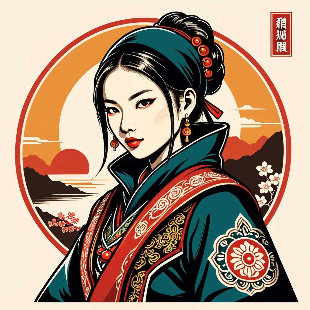 female thief in taiwan folk outfit ,vector graphics, strong contours, logo design