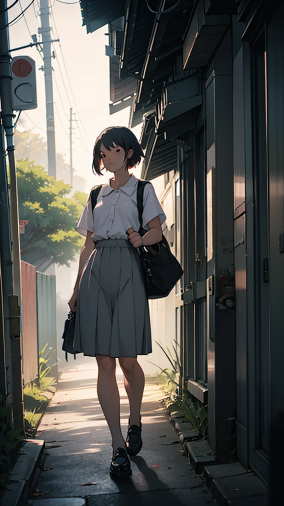 A couple is going to school in the morning. The girl is wearing small clothes, big hips, with bags behind her, and her is near trees. Moody color tone, sharpness, anime look