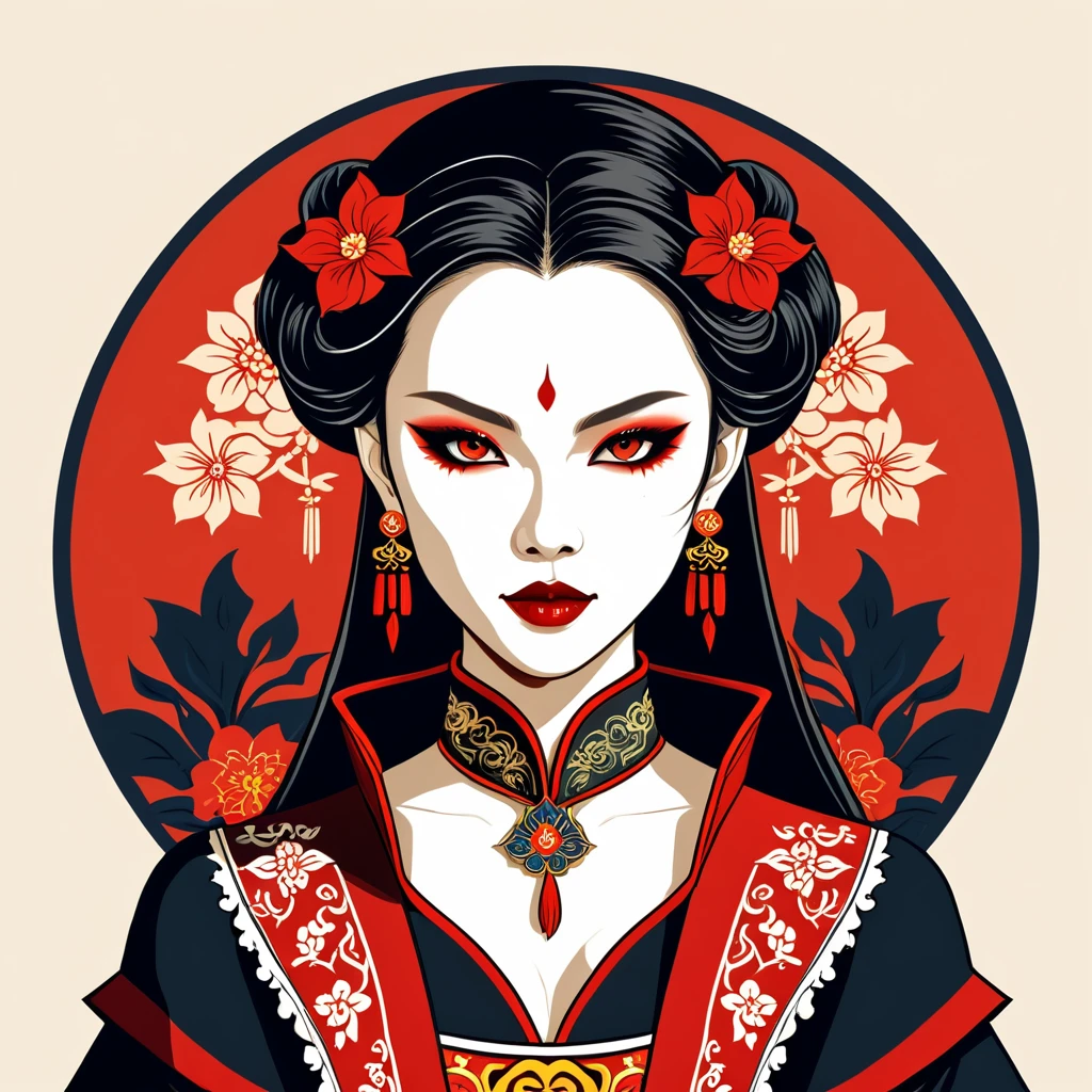 female	vampire	in taiwan folk outfit	,vector graphics, strong contours, logo design																						