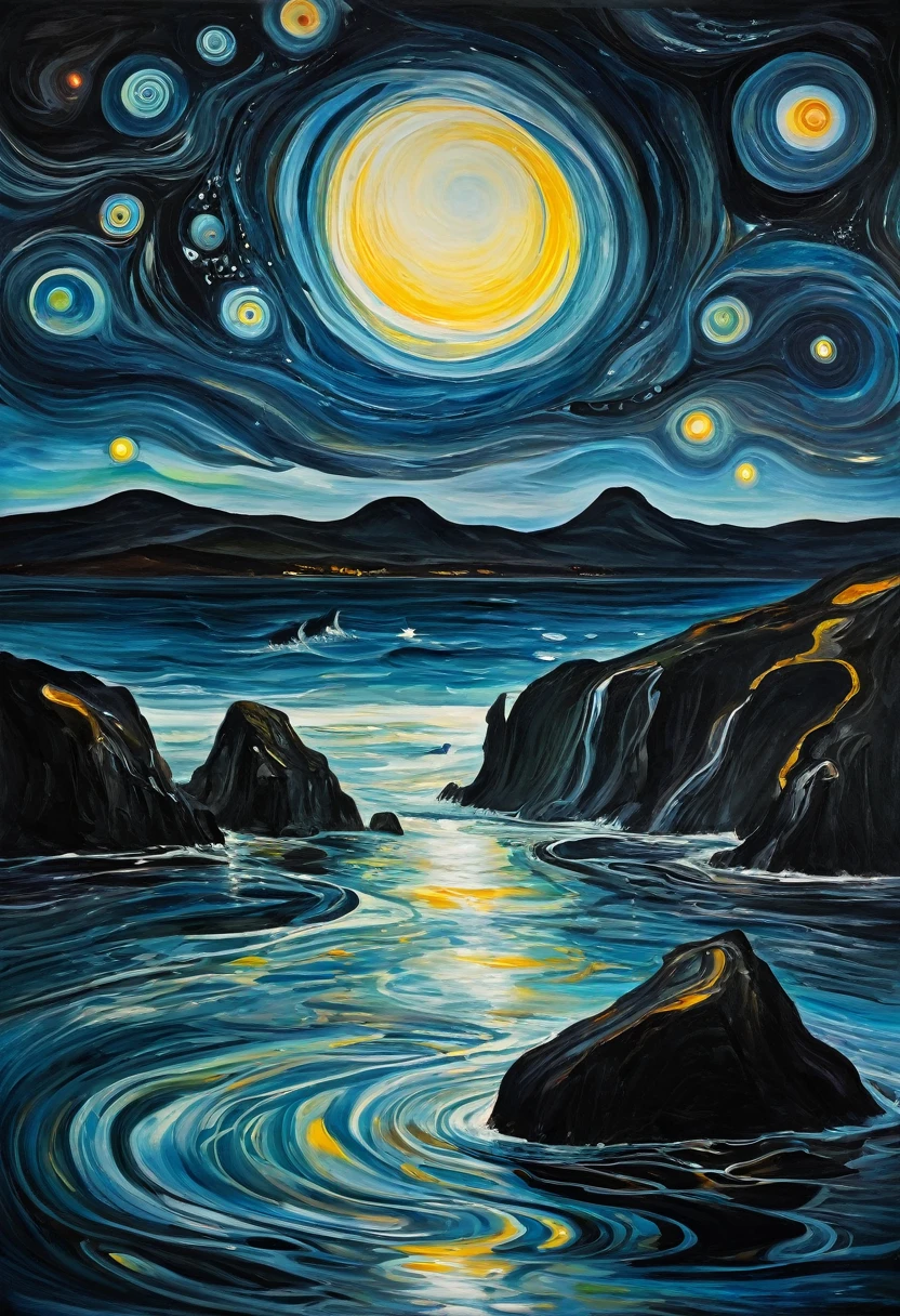 creates a shower of very bright stars in a very dark universe, with some dark planet, a black sea,style of Dali and Edvard Munch, expressionism, some melted images,painting picture