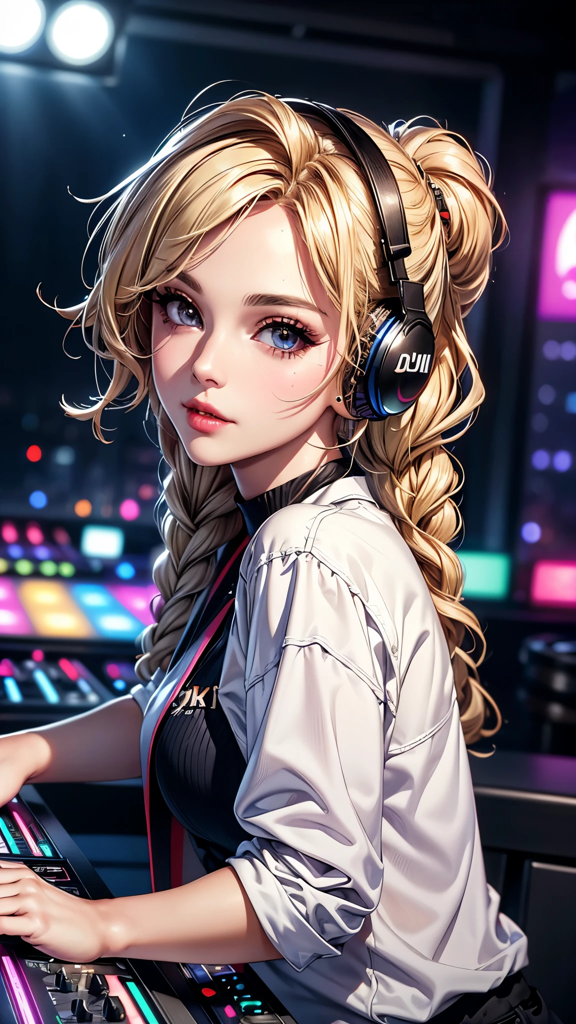 (best quality, 8K, masterpiece:1.3), pretty Woman, 1 DJ girl, beautiful face, (DJ girl at nightclub, Super popular DJ player, Enjoy operating DJ equipment:1.2), (Sexy), blonde hair, curly braided ponytail, (Stylish clothing), Wear headphones, Displaying the viewer, Focus on the venue, Ultra-detailed face, Detailed lips, super detailed eyes, double eyelids, long upper eyelashes, Soft skin, HD skin, portrait, 8k photo, depth of field, Super detailed, best quality detail, retina, Ultra-high resolution, masterpiece, ccurate