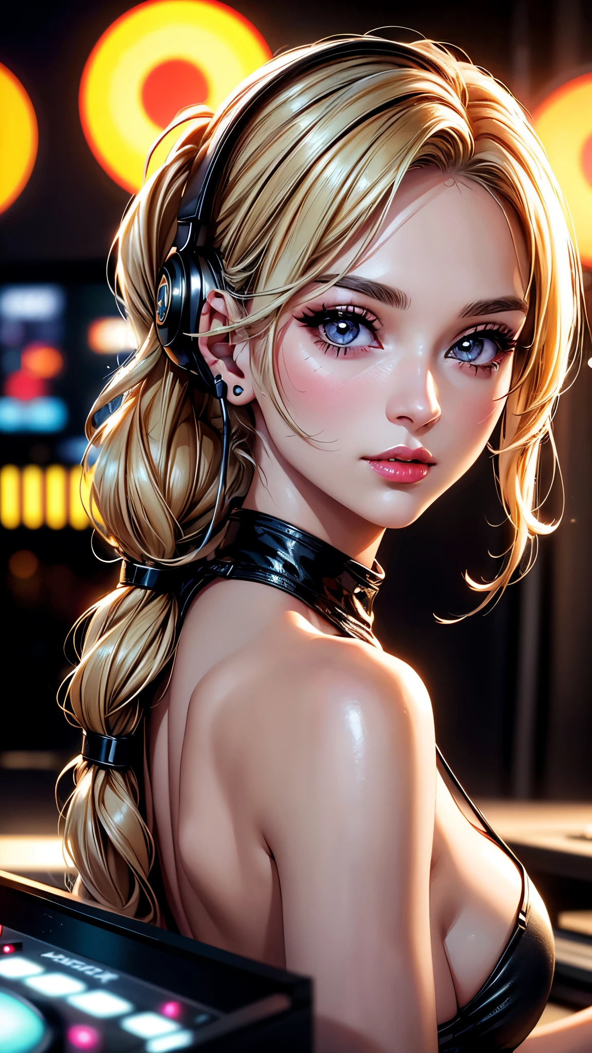 (best quality, 8K, masterpiece:1.3), pretty Woman, 1 DJ girl, beautiful face, (DJ girl at nightclub, Super popular DJ player, Enjoy operating DJ equipment:1.2), (Sexy), blonde hair, curly braided ponytail, (Stylish clothing), Wear headphones, Displaying the viewer, Focus on the venue, Ultra-detailed face, Detailed lips, super detailed eyes, double eyelids, long upper eyelashes, Soft skin, HD skin, portrait, 8k photo, depth of field, Super detailed, best quality detail, retina, Ultra-high resolution, masterpiece, ccurate