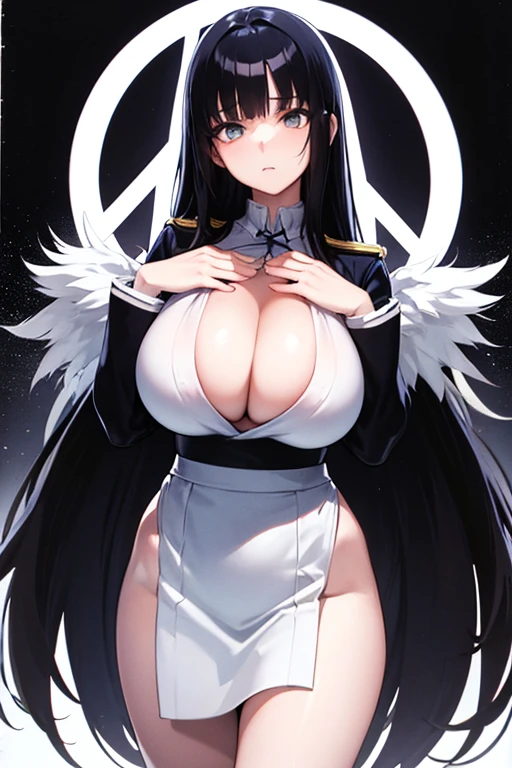 2d，Of the highest quality，(masterpiece)，(whole body)，anime girl, long straight hair, fringe, big bright eyes, innocent expression, japanese , bow on the neck, hands lifting the uniform, Showing cleavage, big breasts, black and white atmosphere, manga style.