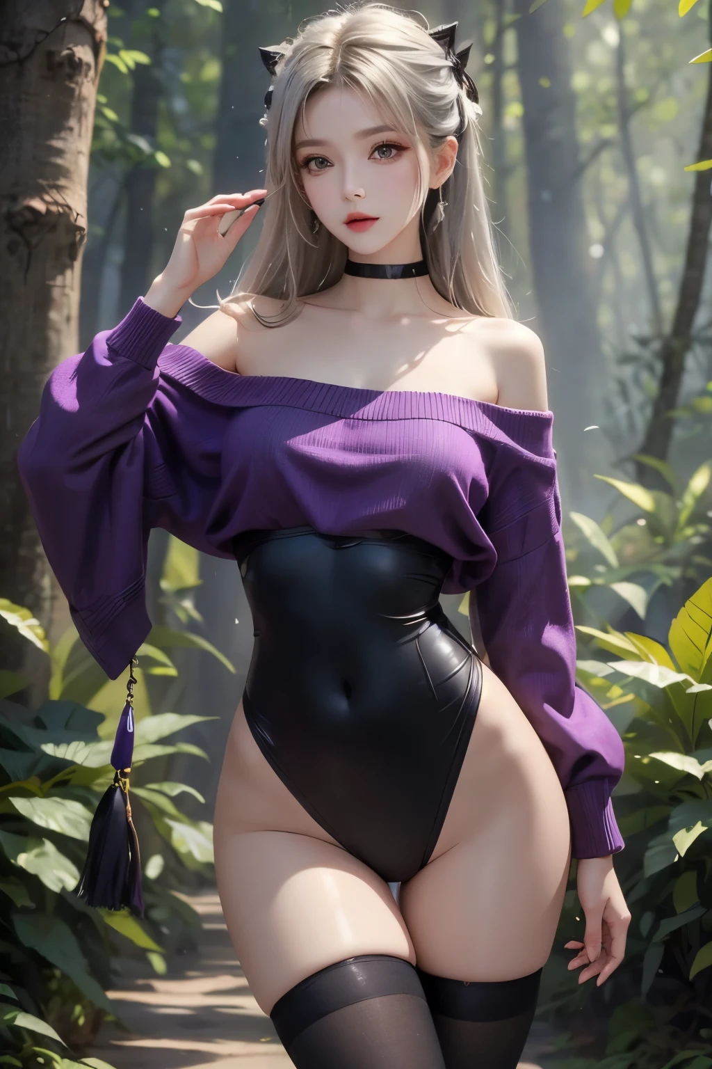 ((Best Quality)), ((masterpiece)), (detailed), 1 girl, off shoulder sweater, black thigh high stockings, long silver hair with a pale shade of purple, medium tits, making an exceptional pose, the background of a forest full of trees, 