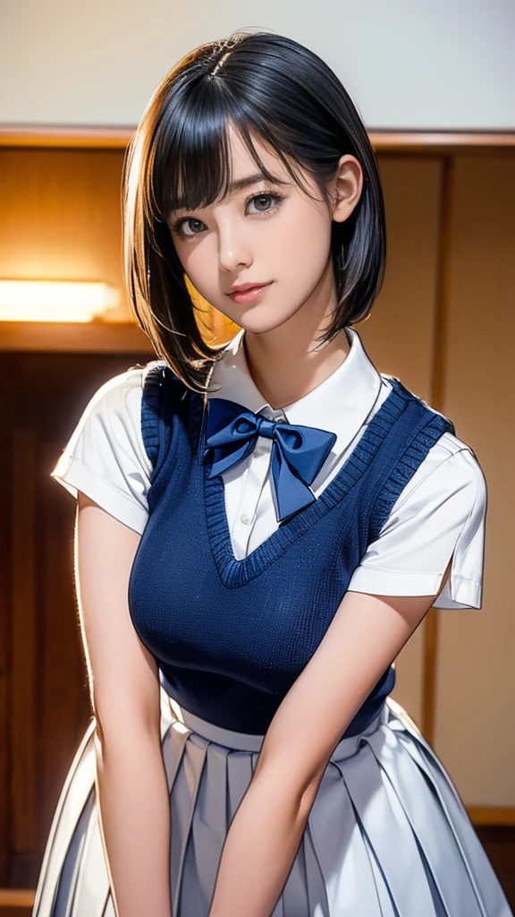 (masterpiece:1.2, Highest quality), (Realistic, photoRealistic:1.4), (Large Breasts:1.3), Beautiful illustrations, (Natural Side Lighting, Cinema Lighting), Written boundary depth, Looking at the audience, (Face Focus, Upper Body), Front view, 1 girl, Japanese, high school girl, 15 years old, Perfect Face, Symmetrical cute face, Glowing Skin, (Bob Hair:1.7,Black Hair), Asymmetrical bangs, Big eyes, Droopy eyes, long eyelashes chest), thin, Beautiful Hair, Beautiful Face, Beautiful and beautiful eyes, Beautiful clavicle, Beautiful body, Beautiful breasts, Beautiful thighs, Beautiful legs, Beautiful fingers, ((Quality fabric texture, brown knit vest, Short sleeve white collar shirt, Navy Pleated Skirt, Navy bow tie)), (Beautiful views), evening, (Inside the flower shop), Are standing, (smile, Superior, Open your mouth), (From below:1.5),(Poor visibility:1.5), (From below)