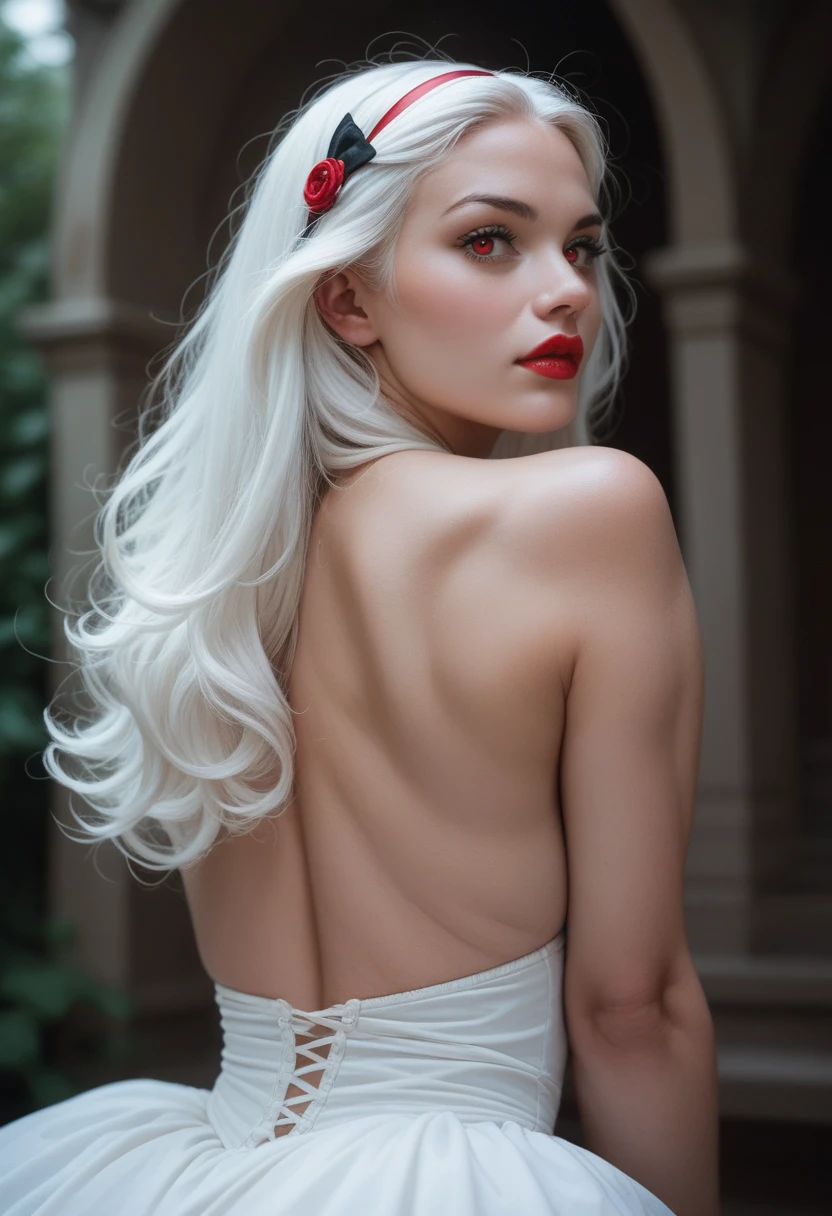  de 1,52 long hair down to the ass white hair snow white skin one red eyes soft red lips athletic body extremely realistic image highest quality 