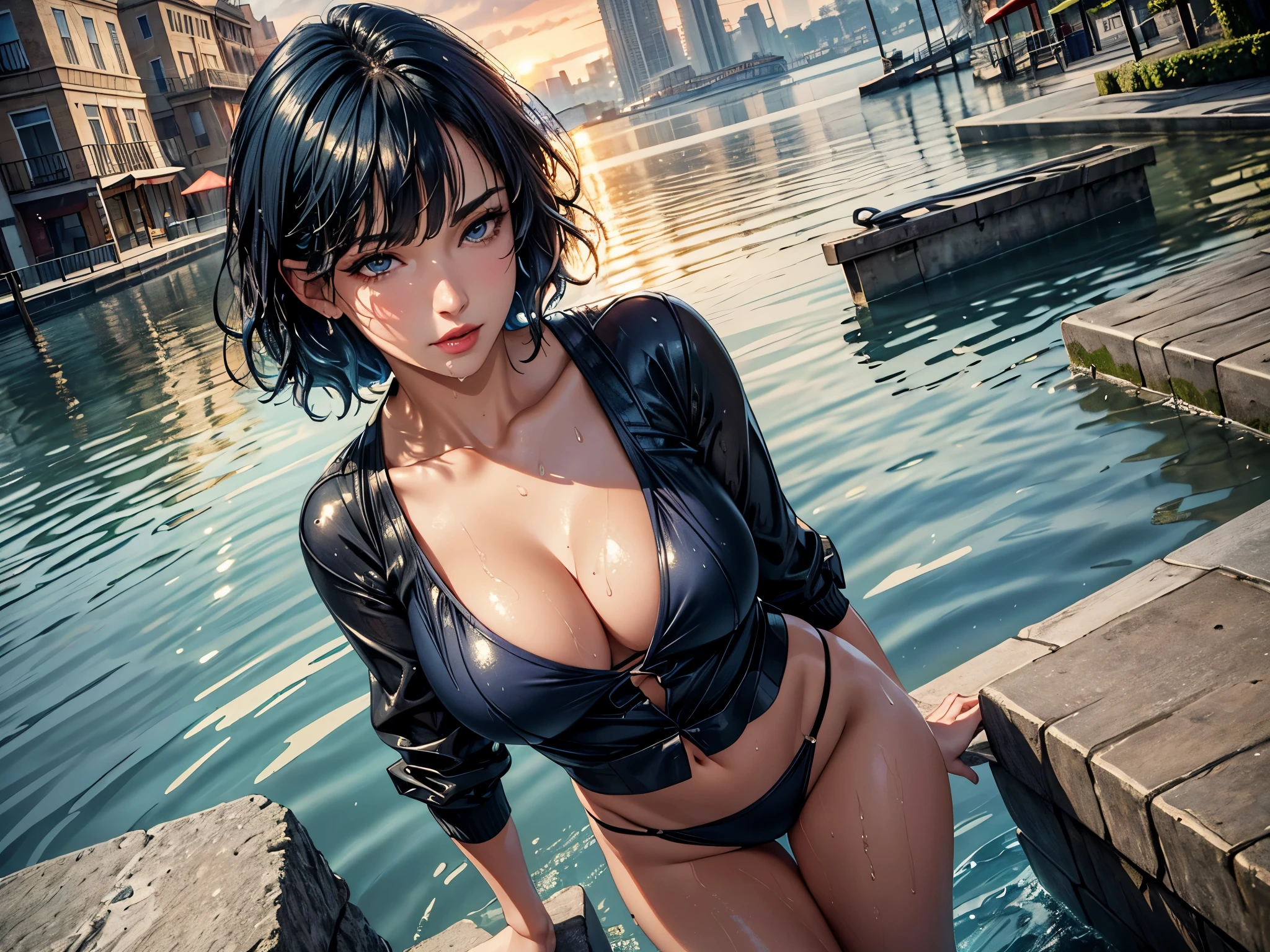 (best quality, 8K, masterpiece:1.3), pretty Woman, 1 girl, beautiful face, (Sexy), Dark blue hair, blunt bangs short hair, (bikini top with hot pants), (wet from rain, wet by rain, wet :1.2), Ultra-detailed face, Detailed lips, super detailed eyes, double eyelids, long upper eyelashes, Soft skin, HD skin, Mediterranean, Vacation Homes, (pier, Water Street), 8k, Super detailed, best quality detail, retina, Ultra-high resolution, masterpiece, ccurate