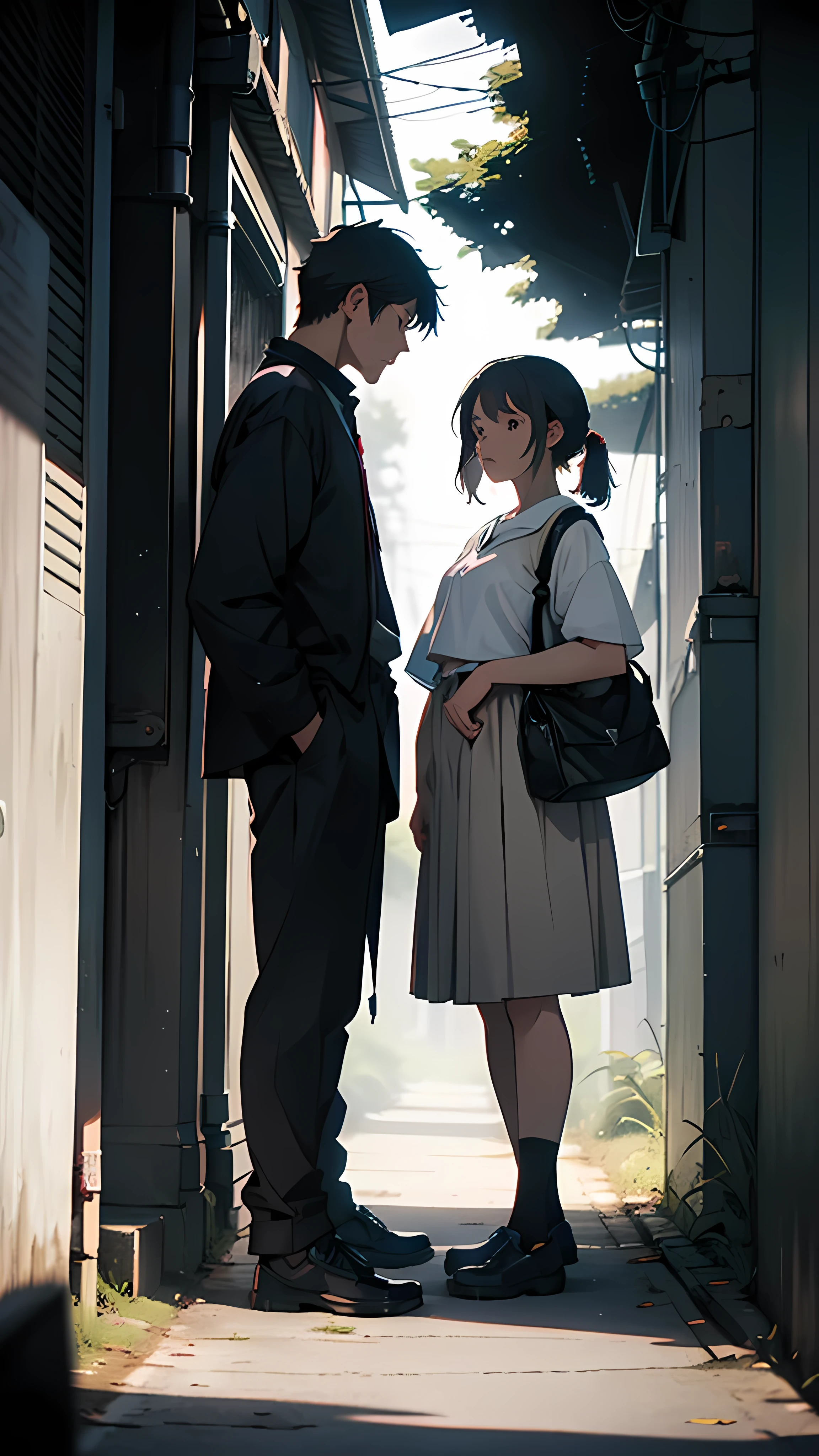 A couple is going to school in the morning. The girl is wearing small clothes, big hips, with bags behind her, and her is near trees. Moody color tone, sharpness, anime look