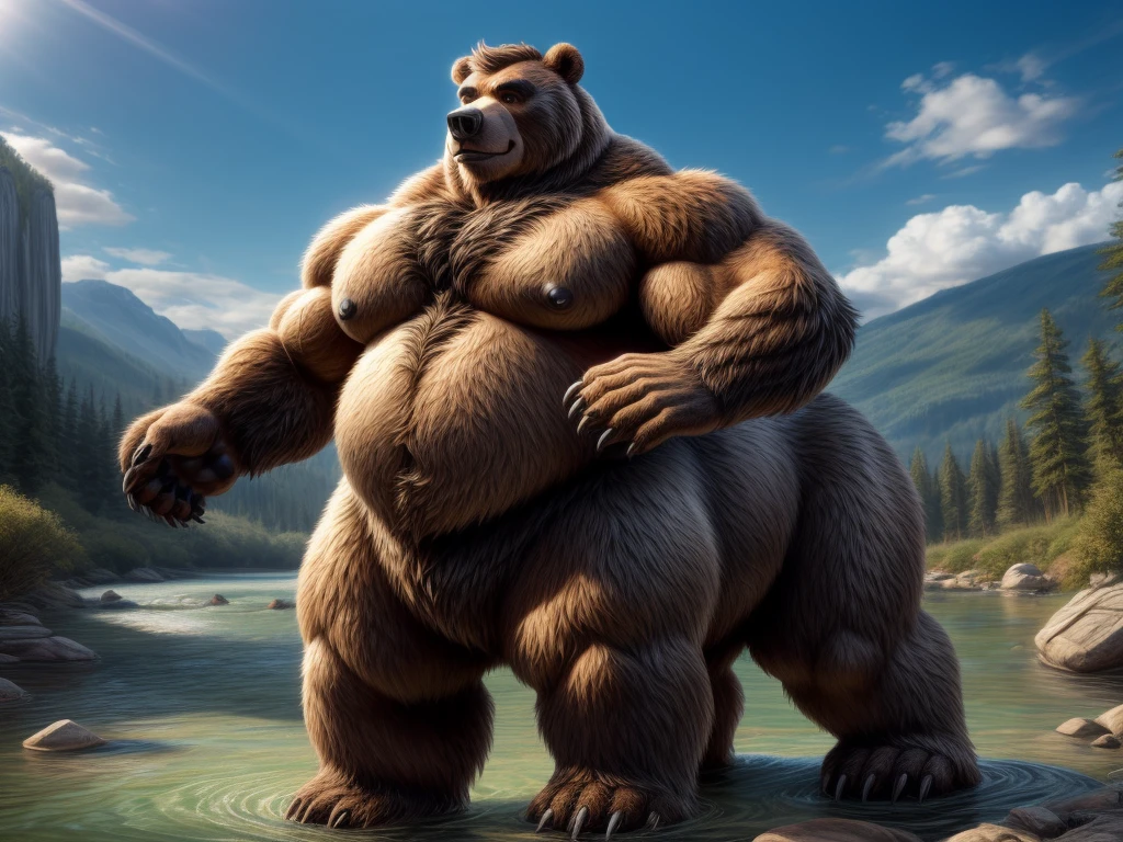 furry, fur taur, huge bear, beartaur, middle-age, solo,1man, detailed face, bear ears, bear eyes(green), bear nose(black), bear mouth, garibaldi beard(grey), hair, mature hair(grey), detailed arm, thick arm, forearm hair, muscular, thick hands(5 fingers), thick claws, detailed body belly, thick body(brown), muscle belly(white), thick chest, chest hair(white), nipples, detailed taur body, thick taur body, waist hair, thick bear paws, bear paws hair, thick bear claws, thick bear tail, bear tail, full body shot, standing in the river