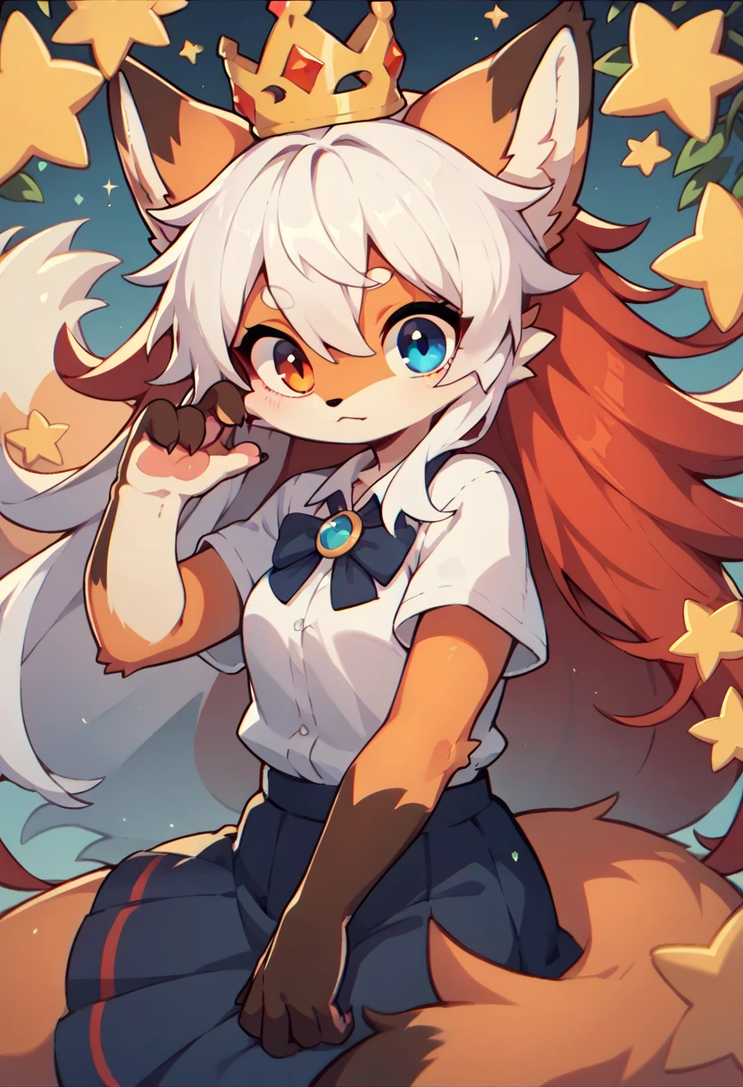 1girl furry,fox, white hair, red hair dye tips in hair, long hair, skirt,cute shirt, blue and red,one blue eye, one orange eye, wearing a crown, purple