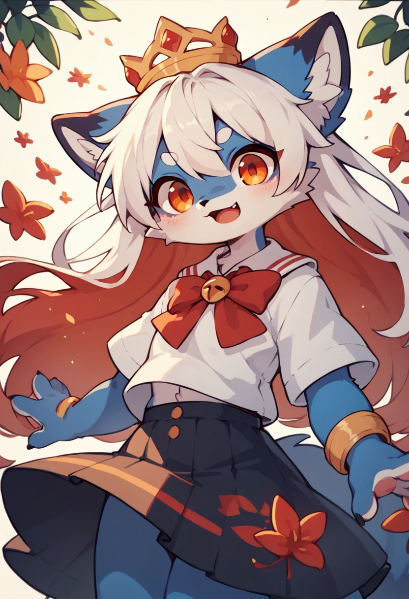 1girl furry,fox, white hair, red hair dye tips in hair, long hair, skirt,cute shirt, blue and red,one blue eye, one orange eye, wearing a crown, purple