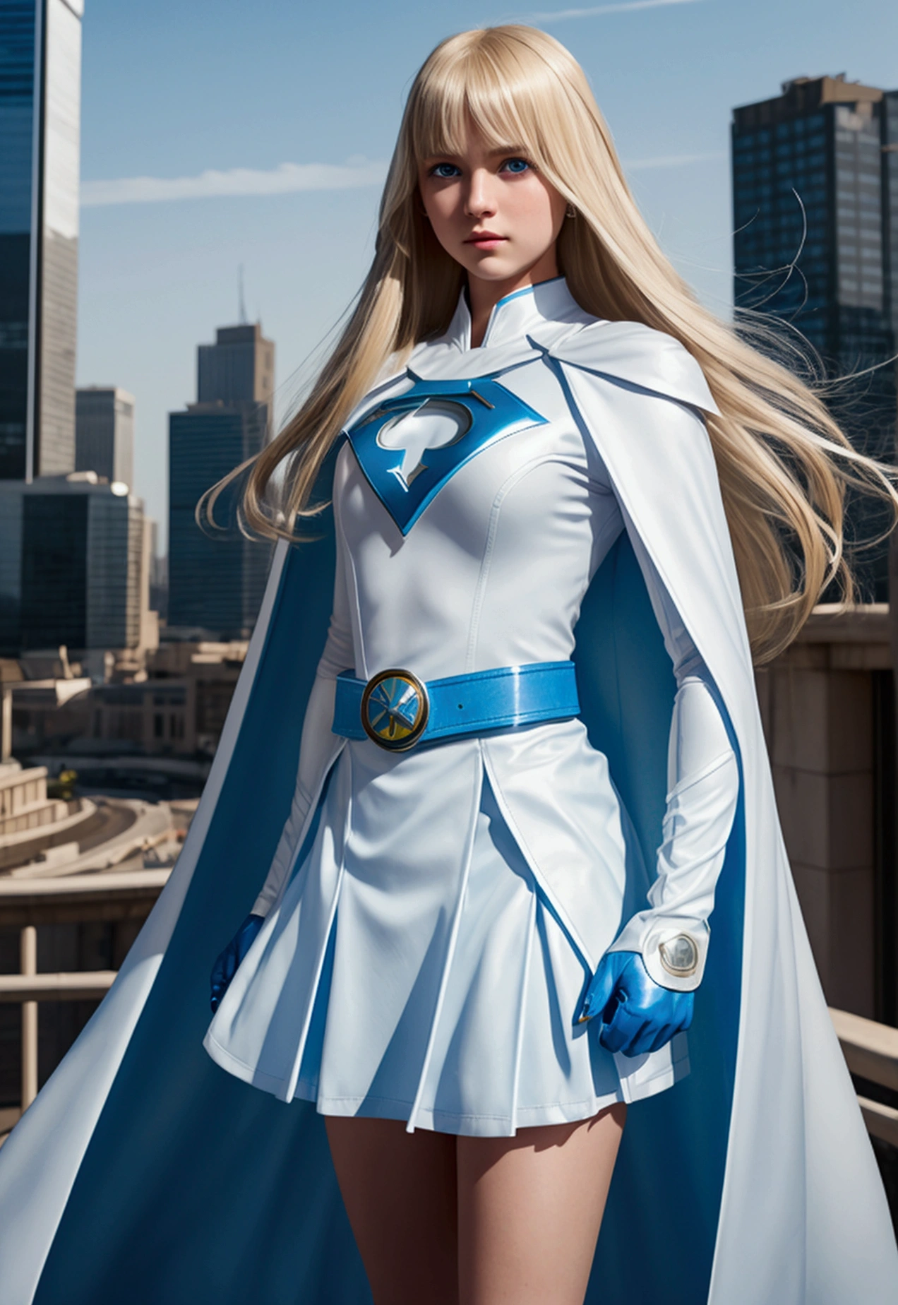 young girl with long straight blonde hair with a bang, blue eyes, white superhero costume, blue gloves, light blue cape and skirt, long sleeves, light blue belt, city background