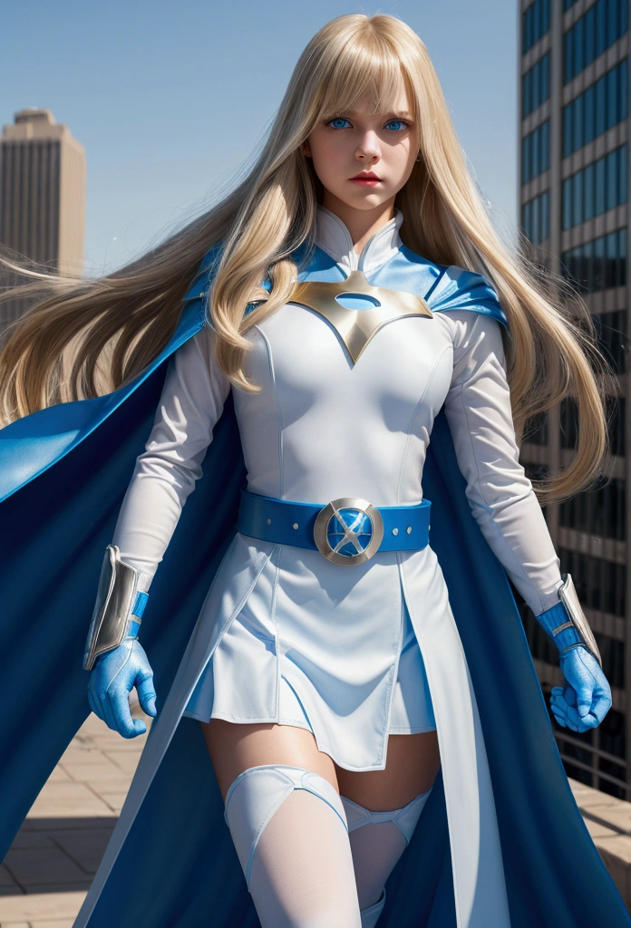young girl with long straight blonde hair with a bang, blue eyes, white superhero costume, blue gloves, light blue cape and skirt, long sleeves, light blue belt, city background
