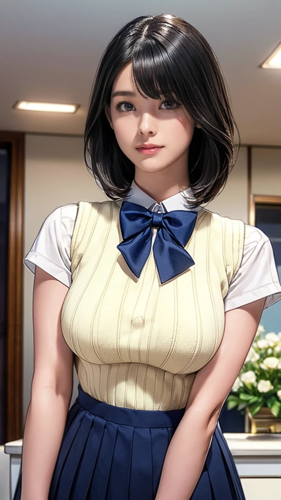 (masterpiece:1.2, Highest quality), (Realistic, photoRealistic:1.4), (Large Breasts:1.5), Beautiful illustrations, (Natural Side Lighting, Cinema Lighting), Written boundary depth, Looking at the audience, (Face Focus, Upper Body), Front view, 1 girl, Japanese, high school girl, 15 years old, Perfect Face, Symmetrical cute face, Glowing Skin, (Bob Hair:1.7,Black Hair), Asymmetrical bangs, Big eyes, Droopy eyes, long eyelashes chest), thin, Beautiful Hair, Beautiful Face, Beautiful and beautiful eyes, Beautiful clavicle, Beautiful body, Beautiful breasts, Beautiful thighs, Beautiful legs, Beautiful fingers, ((Quality fabric texture, brown knit vest, Short sleeve white collar shirt, Navy Pleated Skirt, Navy bow tie)), (Beautiful views), evening, (Inside the flower shop), Are standing, (smile, Superior, Open your mouth), (From below:1.5),(Poor visibility:1.5), (From below)