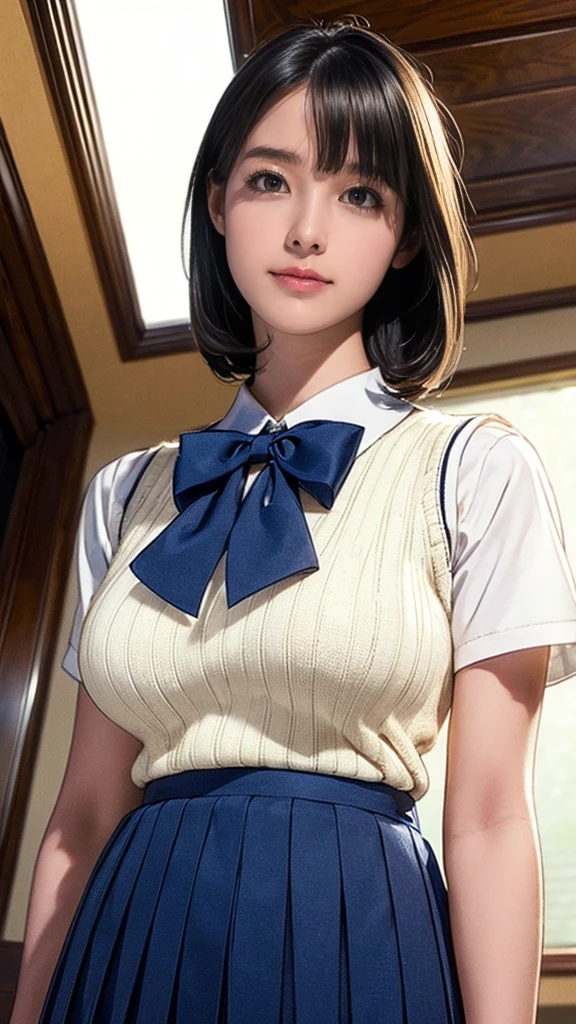 (masterpiece:1.2, Highest quality), (Realistic, photoRealistic:1.4), (Large Breasts:1.5), Beautiful illustrations, (Natural Side Lighting, Cinema Lighting), Written boundary depth, Looking at the audience, (Face Focus, Upper Body), Front view, 1 girl, Japanese, high school girl, 15 years old, Perfect Face, Symmetrical cute face, Glowing Skin, (Bob Hair:1.7,Black Hair), Asymmetrical bangs, Big eyes, Droopy eyes, long eyelashes chest), thin, Beautiful Hair, Beautiful Face, Beautiful and beautiful eyes, Beautiful clavicle, Beautiful body, Beautiful breasts, Beautiful thighs, Beautiful legs, Beautiful fingers, ((Quality fabric texture, brown knit vest, Short sleeve white collar shirt, Navy Pleated Skirt, Navy bow tie)), (Beautiful views), evening, (Inside the flower shop), Are standing, (smile, Superior, Open your mouth), (From below:1.5),(Poor visibility:1.5), (From below)