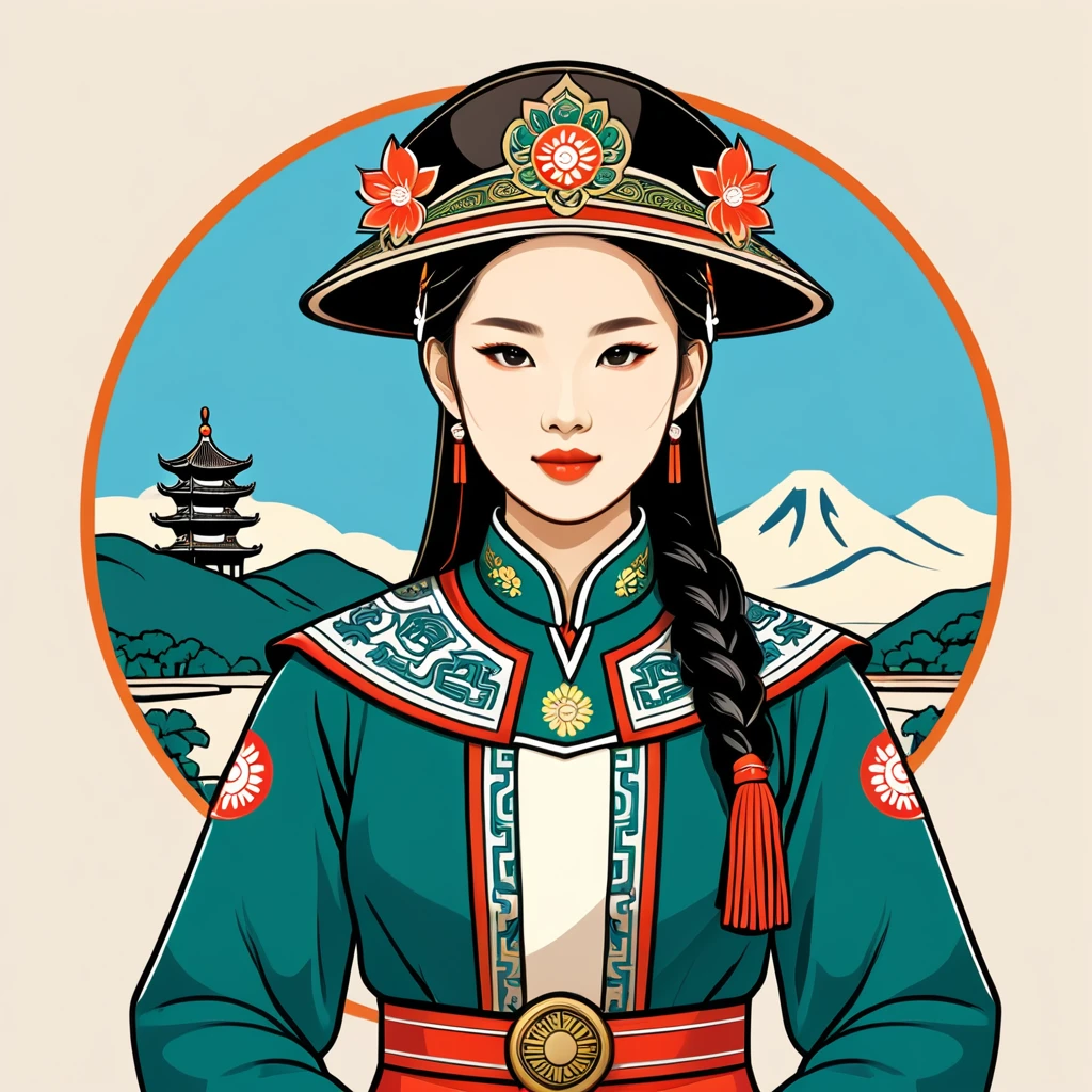 female warden in taiwan folk outfit ,vector graphics, strong contours, logo design