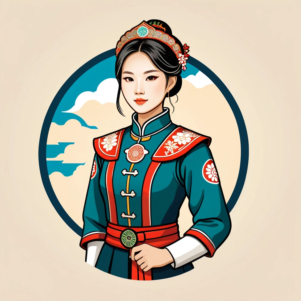 female warden in taiwan folk outfit ,vector graphics, strong contours, logo design