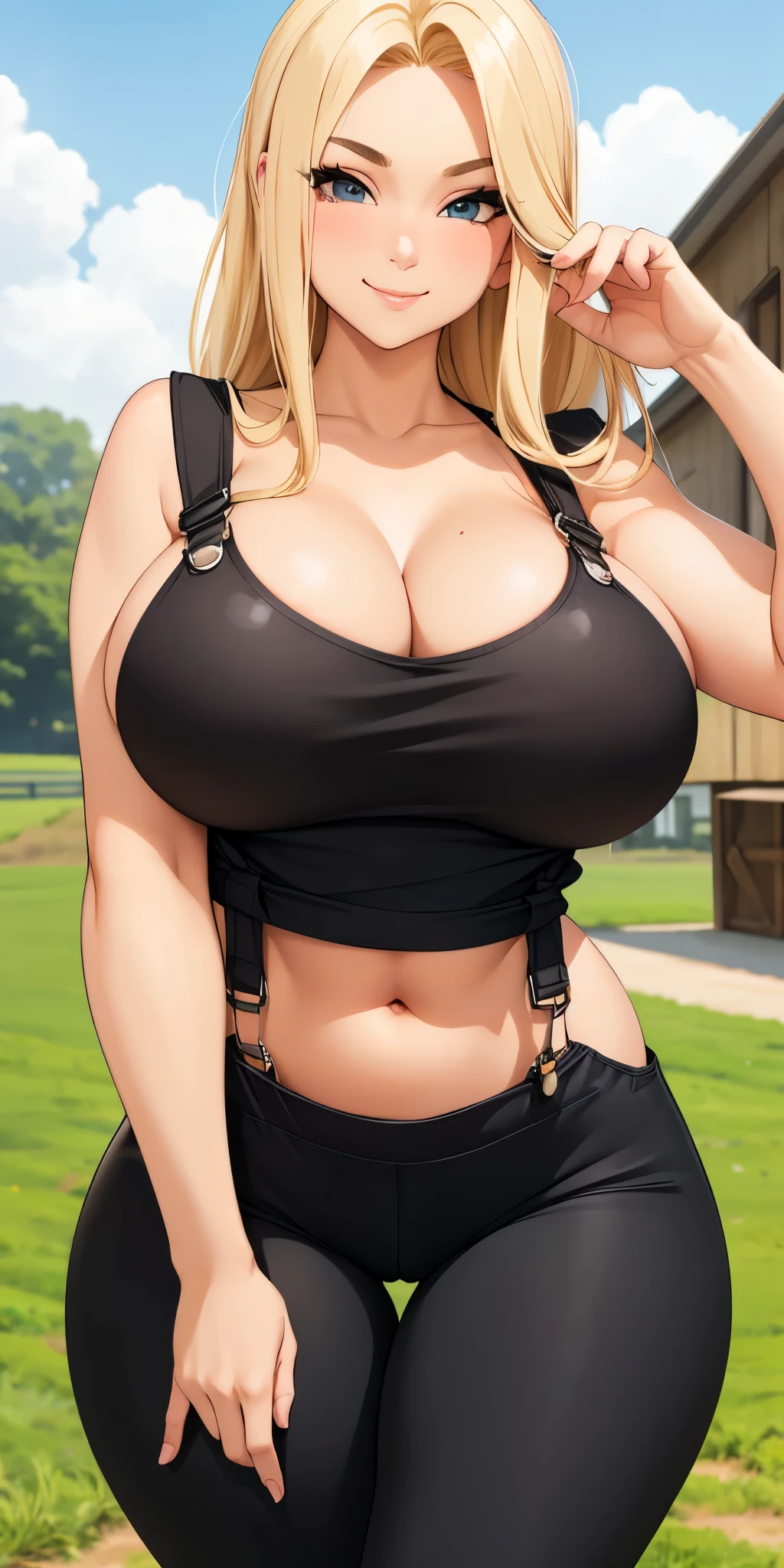 Tsunade Senju, ((bimbo))), long blond hair, cute smile face, puffy lips, painted lips, thick lips, wide hips, thick thighs, huge ass, craving lust face , enormous huge natural breasts, cleavage, mature mom, in a barn, cow bikini, picture from above