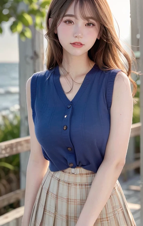 (a gorgeous Eurasian woman, age 28, natural pose near a Lighthouse, windy morning dawn,
wearing White Sleeveless Solid Ladylike Vests, Yellow Pleated Plaid Skirt, short disheveled hair, super definition face, fine eyes with double eyelids, kind smile, dimpled cheeks, beautiful lips, fair skin, super cute and soft face, brown hair, soft toned body, medium round bosom, healthy body proportion, sun rays, 8k resolution, super realistic, super definition, highest definition, masterpiece, bokeh_background, cowboy_shot, SFW, daisy 🌻🌼)
