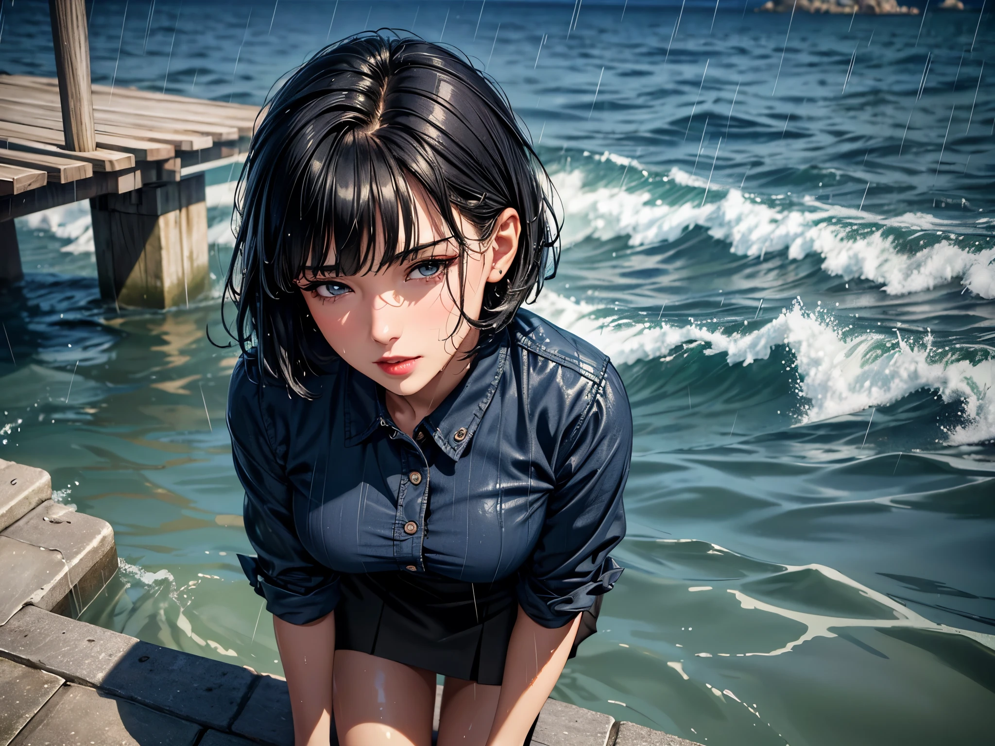 (best quality, 8K, masterpiece:1.3), pretty Woman, 1 girl, beautiful face, (Sexy), Dark blue hair, blunt bangs short hair, stylish skirt, (wet from rain, wet by rain, wet :1.2), Ultra-detailed face, Detailed lips, super detailed eyes, double eyelids, long upper eyelashes, Soft skin, HD skin, Mediterranean, Vacation Homes, pier, seaside, Water Street, 8k, Super detailed, best quality detail, retina, Ultra-high resolution, masterpiece, ccurate