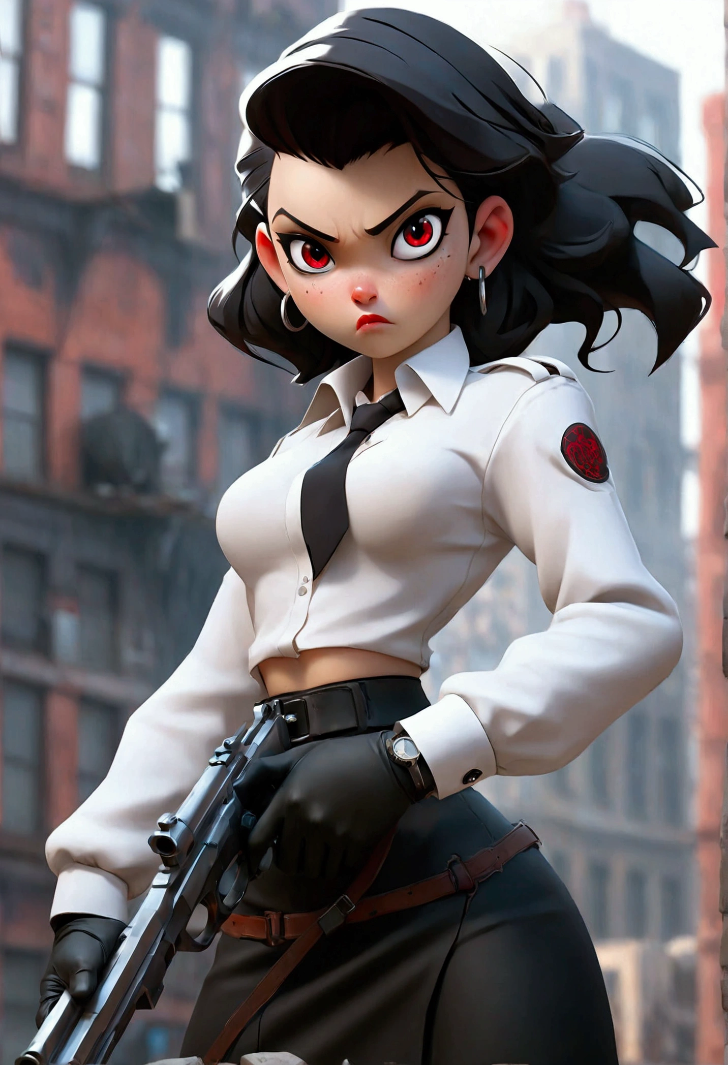 1 girl, close up photography, (by white, medium hair, big breasts, Red eyes), perfect anatomy, city, cyberpunk style, ((White shirt, black jacket, black skirt, belly button, belt, black gloves, tie, wristwatch, earrings, see through black leggings)), ((holding the gun)), War, ruined city, battlefield, debris, buildings,cigarette
