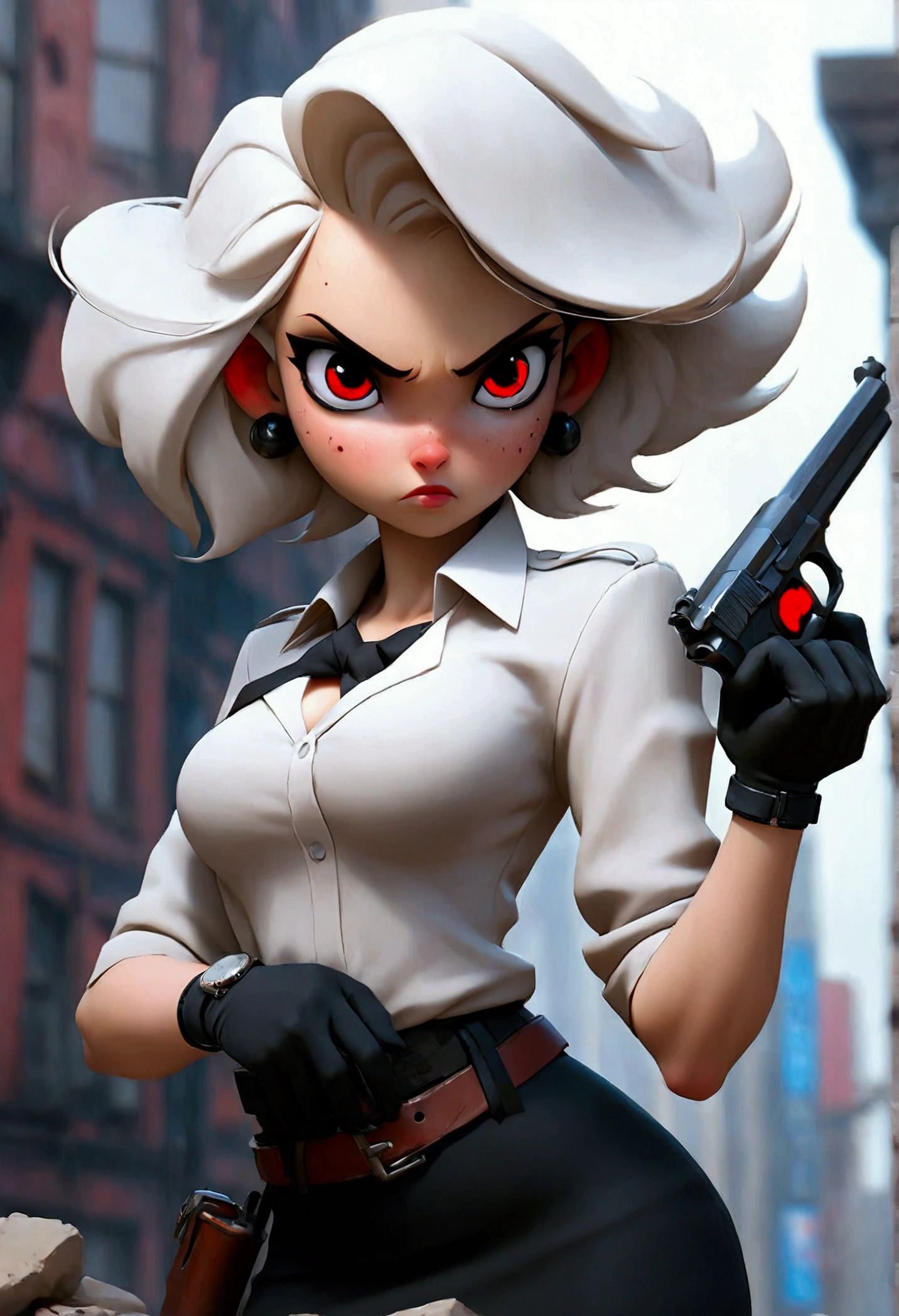 1 girl, close up photography, (by white, medium hair, big breasts, Red eyes), perfect ???????, city, cyberpunk style, ((White shirt, black jacket, black skirt, belly button, belt, black gloves, tie, wristwatch, earrings, see through black leggings)), ((holding the gun)), War, ruined city, battlefield, debris, buildings,cigarette