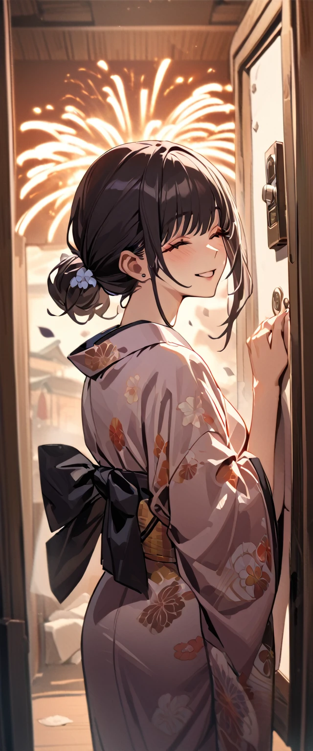 1girl, asa mitaka, wearing kimono with firework in background, (masterpiece), cinematic, beautiful light, best quality, newest,safe, absurdres, smiling , close eyes, look at camera, tilt head, turn head back