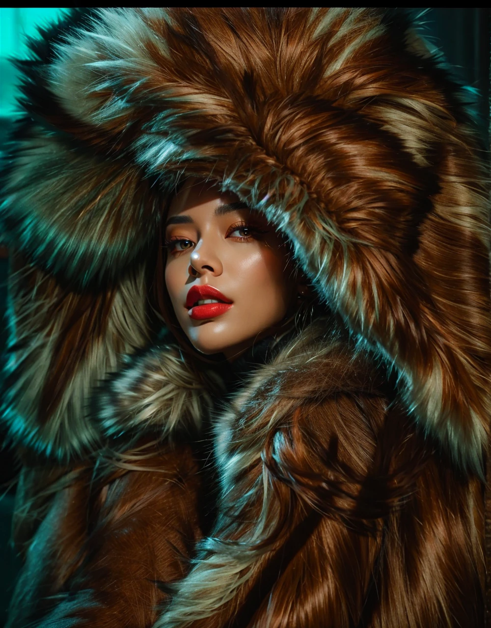 Beautiful woman wearing huge fur coat