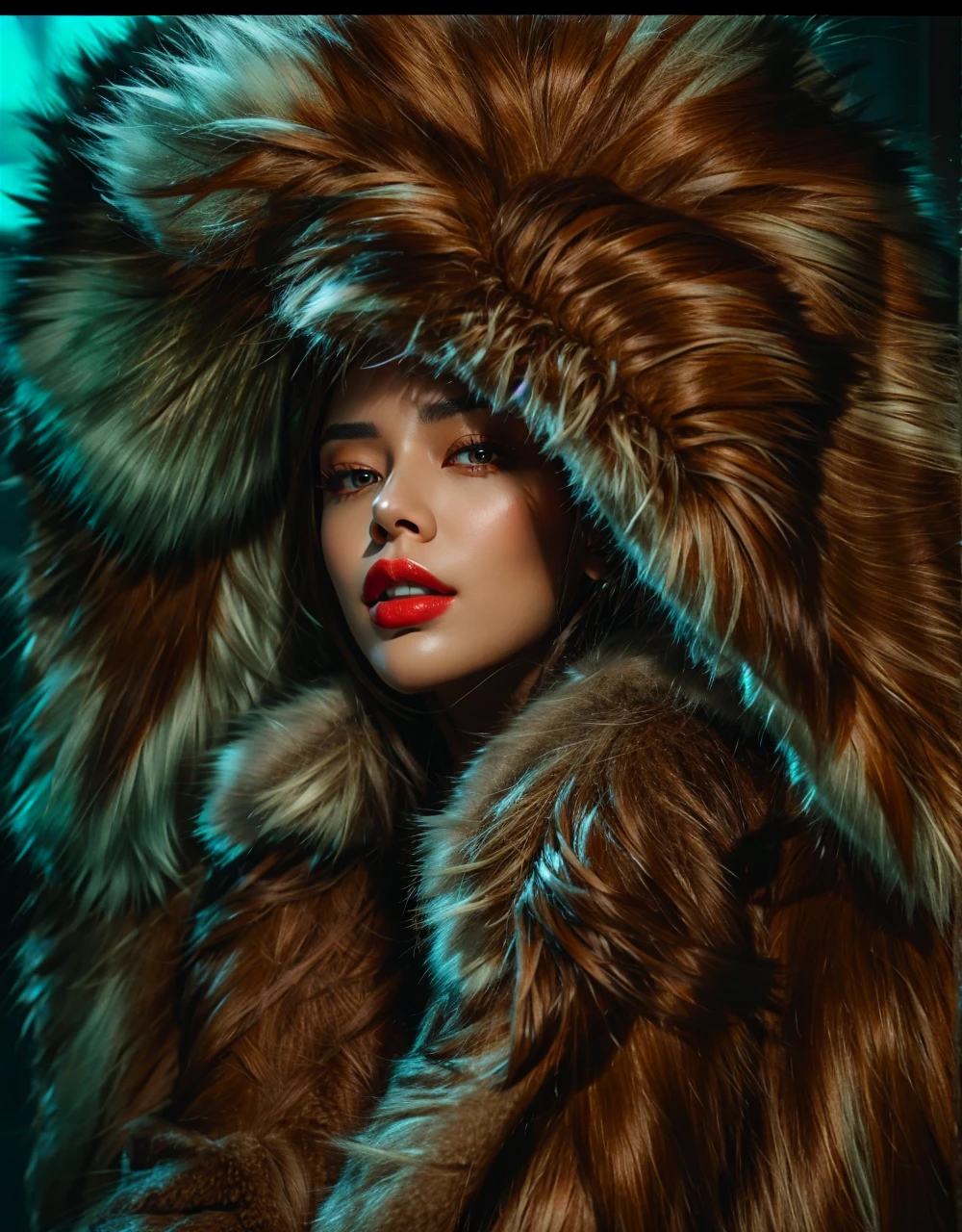 Beautiful woman wearing huge fur coat