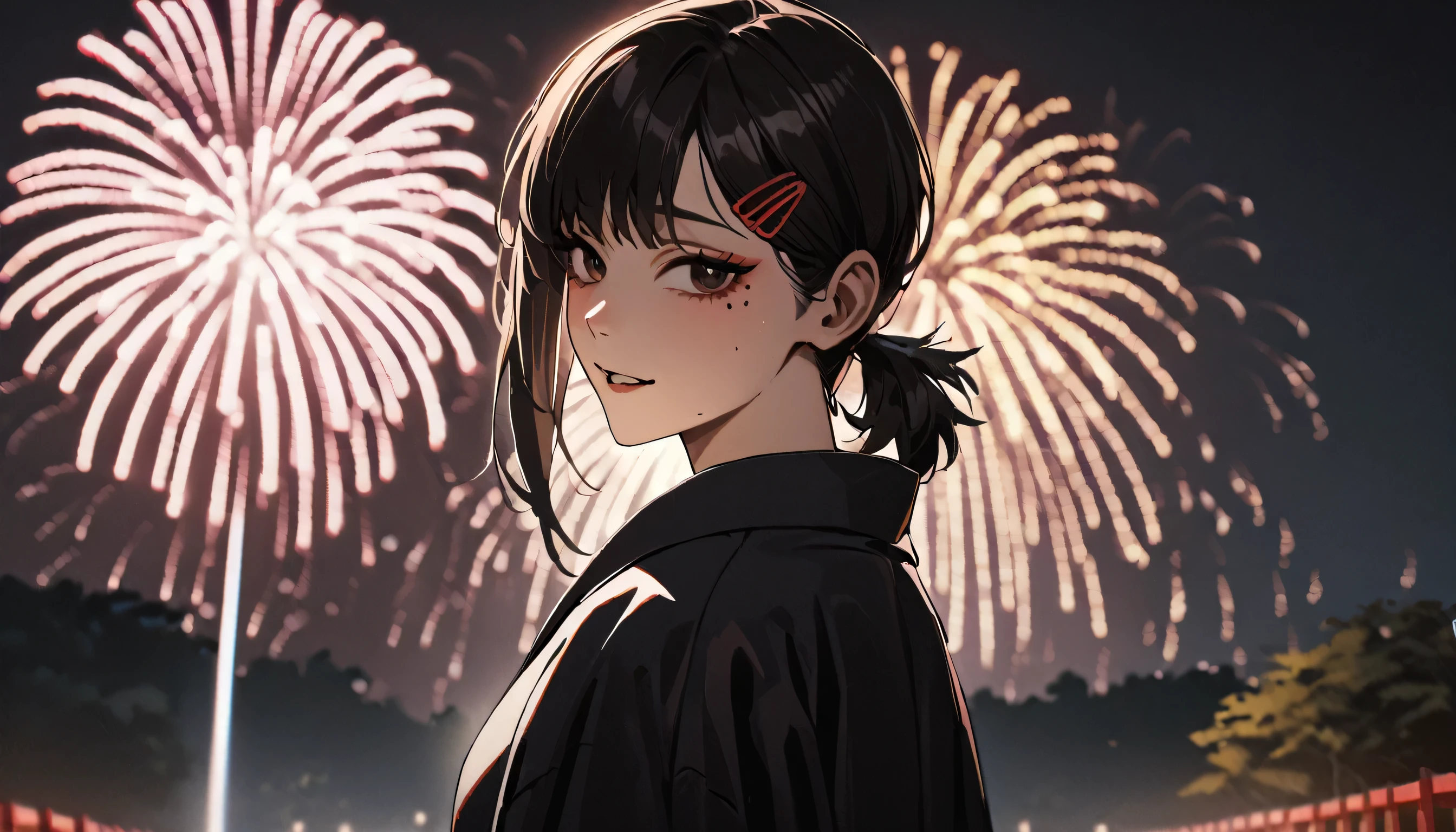 1girl, higashiyama kobeni, wearing kimono, in a cherry blossom park, nighttime, firework in background, (masterpiece), cinematic, beautiful light, best quality, newest,safe, absurdres, smiling , look at viewers, tilt head, turn head back