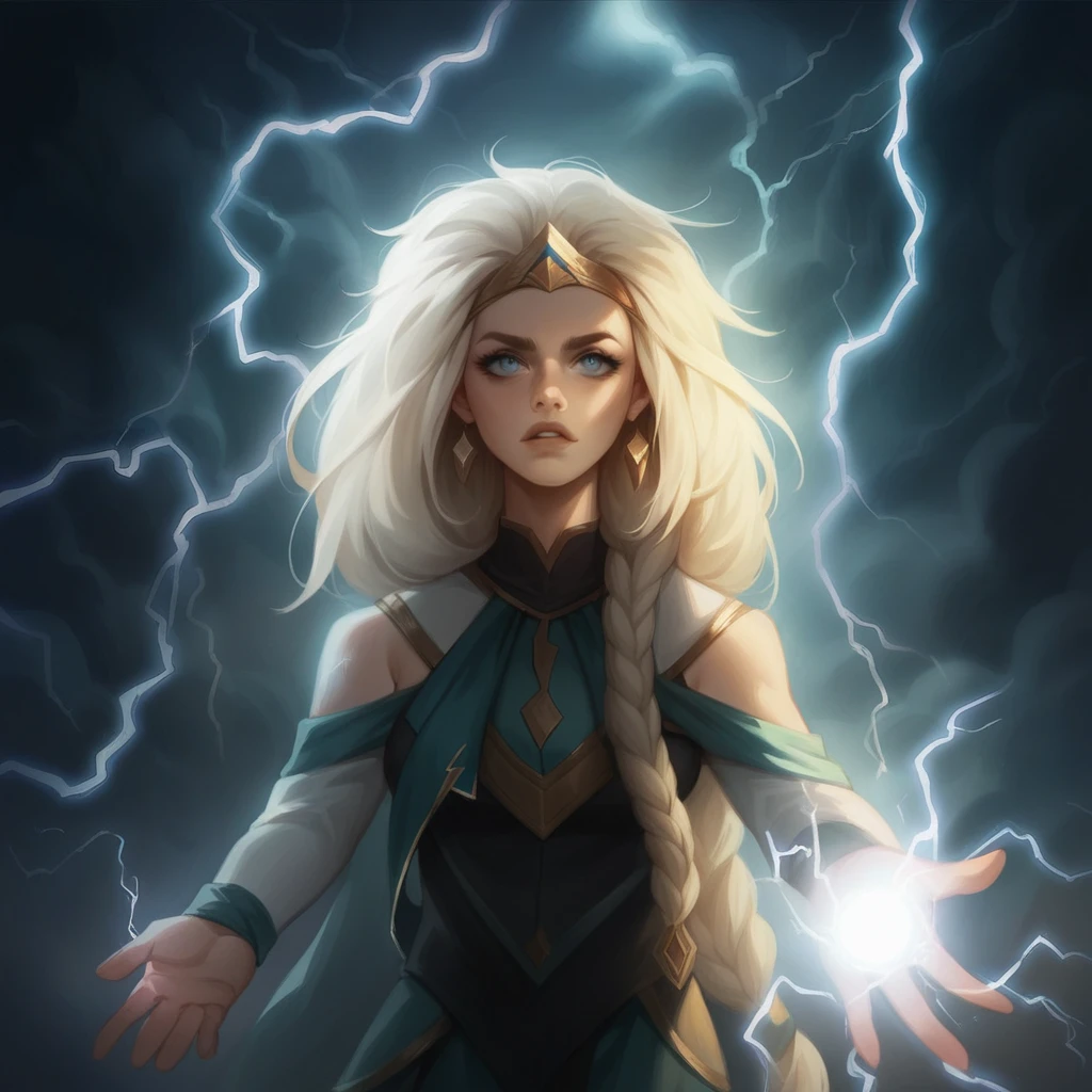 blond woman with lightning in the background, with magical powers, lightning fantasy magic, she is attracting lightnings, maya ali as a lightning mage, splashes of lightning behind her, portrait of magical young girl, magic and lightning, goddess of lightning, maya ali as a storm sorcerer, casting a powerful spell, electrifying, with lightning, fantasy character photo