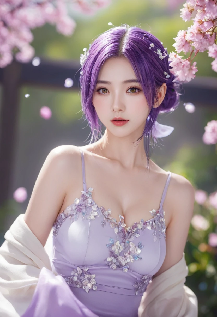 delicated best quality ,masterpiece, illustration, extremely delicate and beautiful, Very detailed ,CG ,unity ,8k wallpaper, amazing, Exquisite details, masterpiece,best quality,official art,Very detailed CG unity 8k wallpaper, ridiculous, incredibly ridiculous, File size is huge , super detailed, high resolution, Very detailed,Beautiful and delicate girl, Very detailed eyes and face, beautiful and delicate eyes, There is light on the face,1 girl, (Surrealism), ((( purple hair))) , (purple eyes), (double tail), (rabbit style (tied high above the head)), ((jewelry)), (collar), (gemstone earrings bracelet), (((Arm details))), (((excellent))), ((droop)), ((huge)), (Cattle's), (armpit), ((full身材)), (), ((full)),, (Detailed description of hair), ((Upper body)), (bare shoulders), ((clavicle)), (take off shoulders), (shiny skin), (Detailed description of face), (对眼睛的描述Very detailed), (Detailed description of the body), (Fair and translucent skin), Unparalleled beauty, (ultimate beauty), (red lips), (Shy ), (Smile), (looking from all directions), ((kimono)), ((long sleeves)), ((wide sleeves)), (((sexy lace underwear))), (((Cherry blossoms))), (falling petals), (((Japan hot spring)), The surface of the water is reflective, (any pose), (((soak))), ((There is a lot of water in the body))))