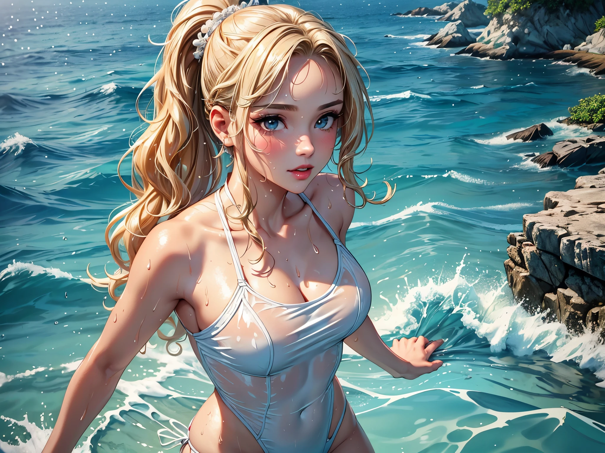 (best quality, 8K, masterpiece:1.3), pretty Woman, 1 girl, beautiful face, (Sexy), blonde hair, curly braided ponytail, white swimsuit, (wet from rain, wet by rain, wet :1.2), Ultra-detailed face, Detailed lips, super detailed eyes, double eyelids, long upper eyelashes, Soft skin, HD skin, (Caribbean Sea:1.2), playing in the sea, (in the sea, Half body in the sea), Coral Reef, small fish, 8k, Super detailed, best quality detail, retina, Ultra-high resolution, masterpiece, ccurate