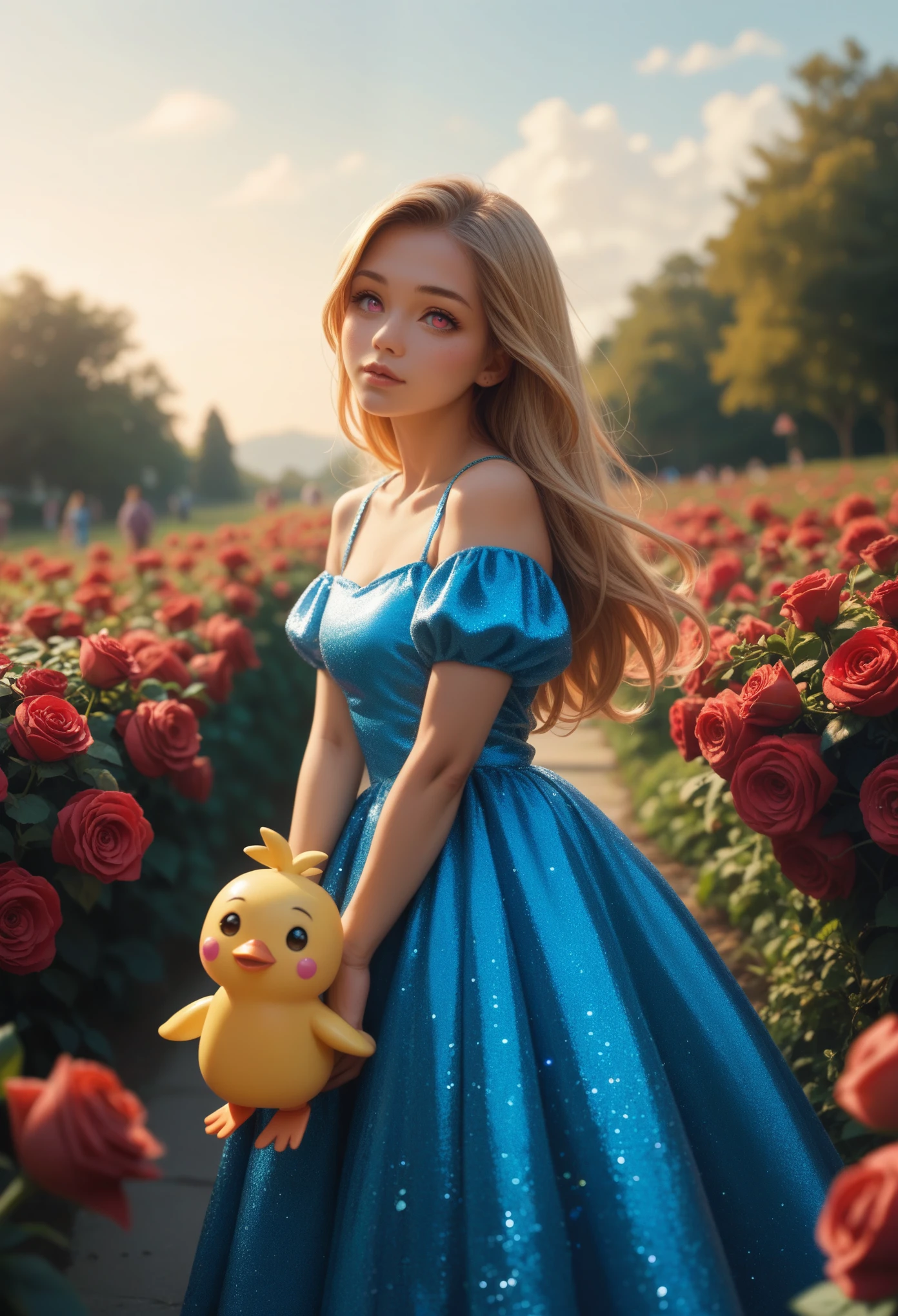 Chica herself, with hair gradient between pink and red with golden glitter, pink eyes with diamond effect, Whole body, with long sky blue dress with glitter effect, Focus on the face, background of gold and red roses with animals, in anime version