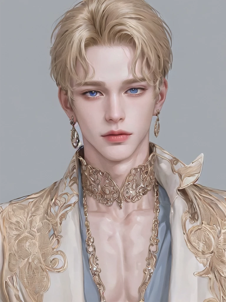 Solo, portrait, earrings, solo,lips, Man. . Prince. Very Tall, muscular. 188cm (height). Golden blonde hair and blue eye color. Bright skin. High quality, Detailed, High resolution, Masterpiece, Very high quality.