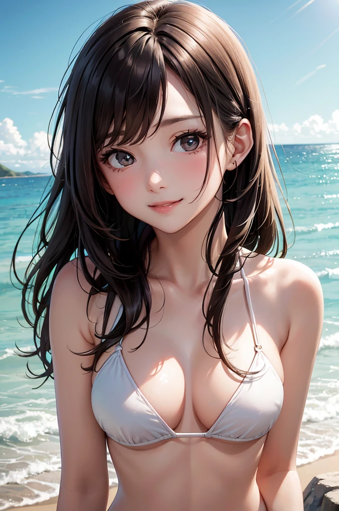 Best Quality,High resolution,8k,finelity detailed background,Masterpiece:1.2),beautiful girl,Shiny brown hair,messy hair,Brown eyes,Gentle look,A refreshing look,smile,Best quality,Best Quality,Aesthetic and aesthetic:1.2,Best details((Super detailed))(High-definition CG illustrations),o-ring bikinii,(black),Slender body,Ocean,beach,Daytime,Light of the sun,smile,blush,cute,Scrounge,Looking up,Being spoiled,super model,shoot from,below