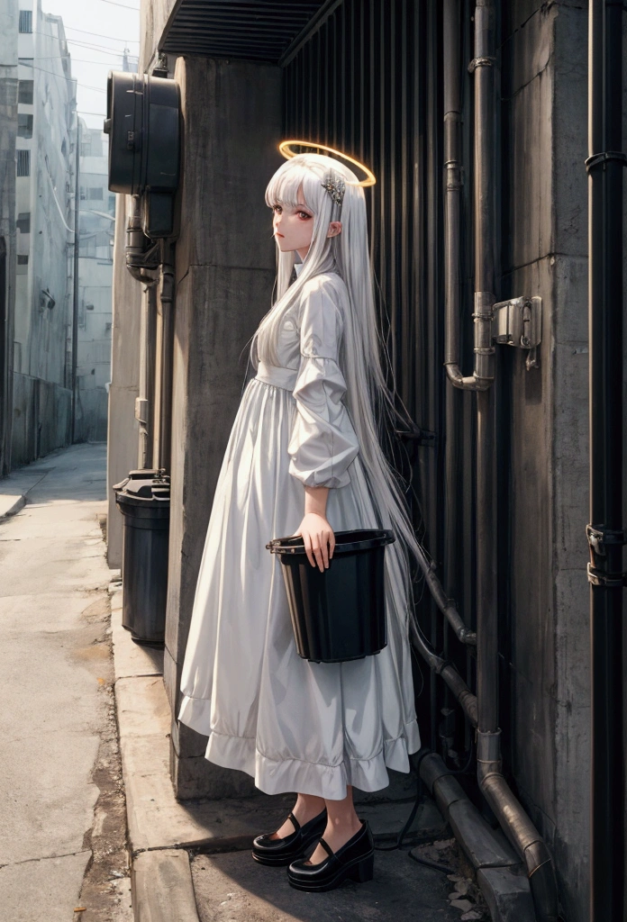 ((masterpiece, best quality)),a girl, solo, dress, standing, halo, alley, outdoors, bangs, white dress, white hair, long hair, black footwear, industrial pipe, looking at viewer, air conditioner,dark lighting, garbage, garbage bin, hxh2011