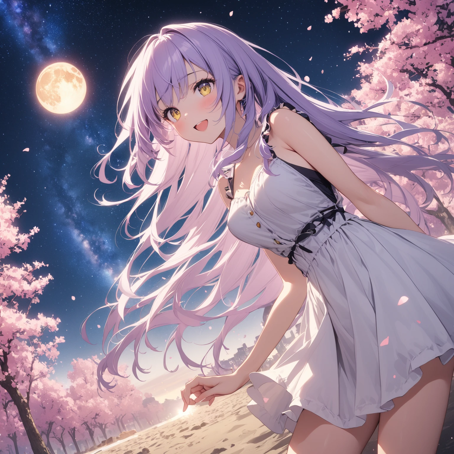 Stardust Infinity、(masterpiece), Highest quality, Ultra-high resolution, One Girl, Beautiful 3D expression, Light purple long hair、小さなstar型のアクセサリー、spring、Beautiful cherry blossoms、Wind、Beautiful flower field、Very long light purple hair、Yellow Eyes、小さなstar型のアクセサリー、Backlight、Soft lighting、night、Shining Moon、Playing on the beach、star、milky way、