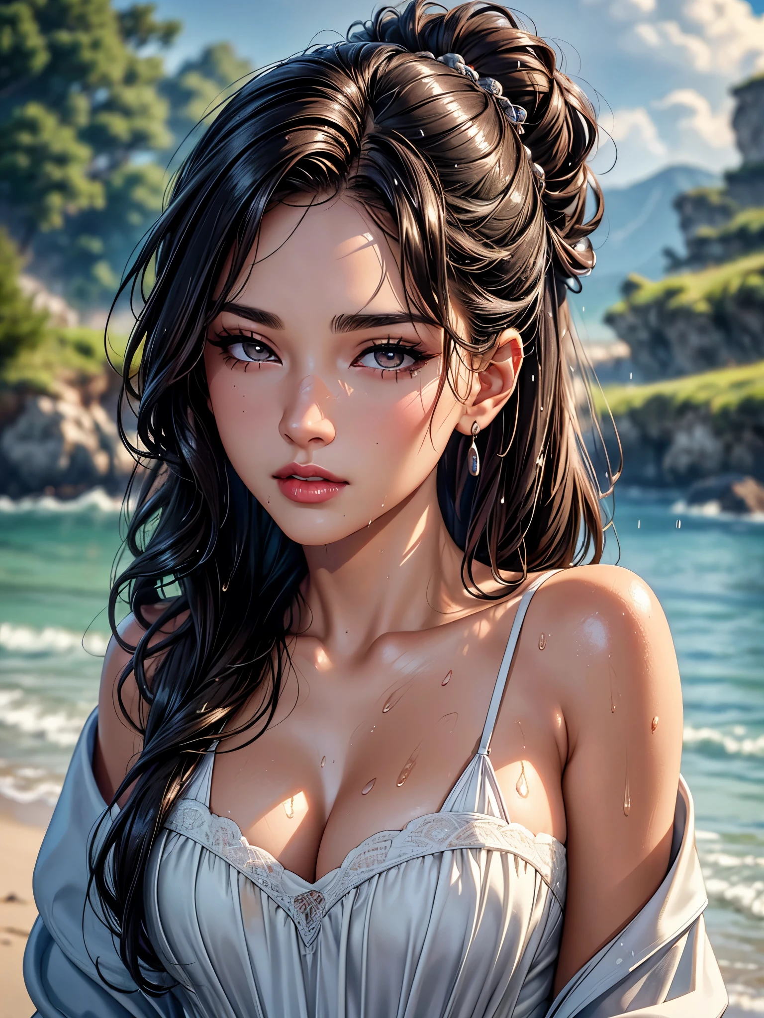 (best quality, 8K, masterpiece:1.3), pretty Woman, 1 girl, beautiful face, (Sexy), Dark brown hair, Half updo Half up half down, (wet from rain, wet by rain, wet :1.2), Ultra-detailed face, Detailed lips, super detailed eyes, double eyelids, long upper eyelashes, Soft skin, HD skin, Sabah, outdoor, Sea Holiday House, sea, 8k, Super detailed, best quality detail, retina, Ultra-high resolution, masterpiece, ccurate