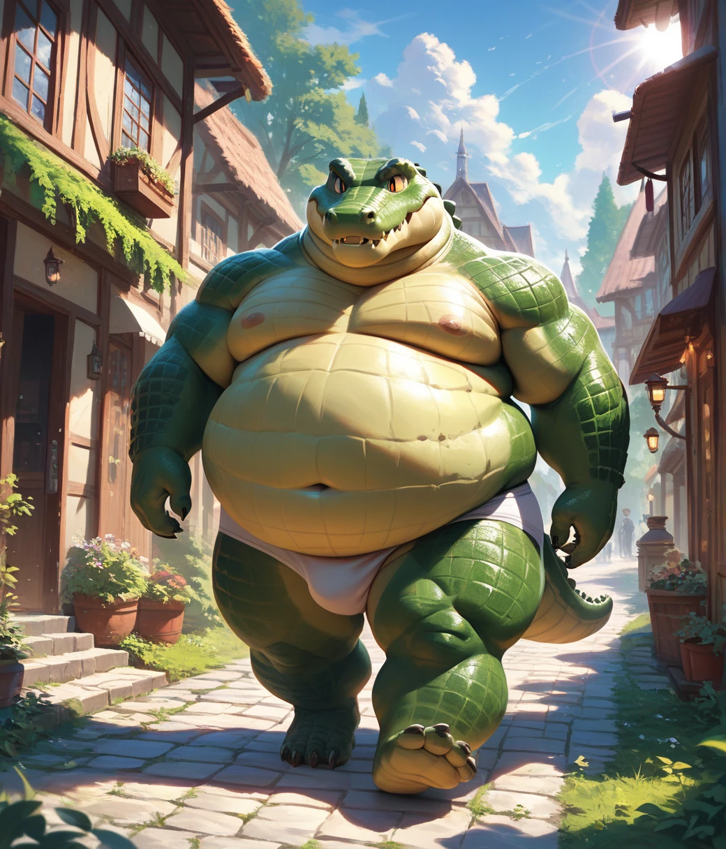 (cute, fat, obese, anthro, male, crocodile cub), shortstack, full body, nude, walking, (((white underwear))), village, scenery, highly detailed, intricate details, best quality, masterpiece, sunlight, detailxl