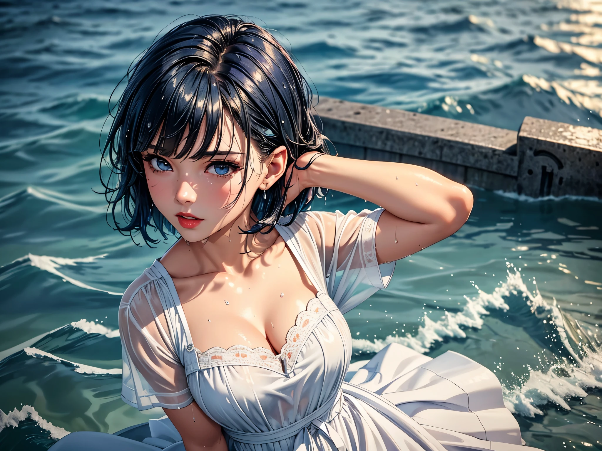 (best quality, 8K, masterpiece:1.3), pretty Woman, 1 girl, beautiful face, Dark-blue hair, blunt bangs short hair, white casual dress, (wet from rain, wet by rain, wet :1.2), Ultra-detailed face, Detailed lips, super detailed eyes, double eyelids, long upper eyelashes, Soft skin, HD skin, Mediterranean, Vacation Homes, pier, seaside, Water Street, 8k, Super detailed, best quality detail, retina, Ultra-high resolution, masterpiece, ccurate