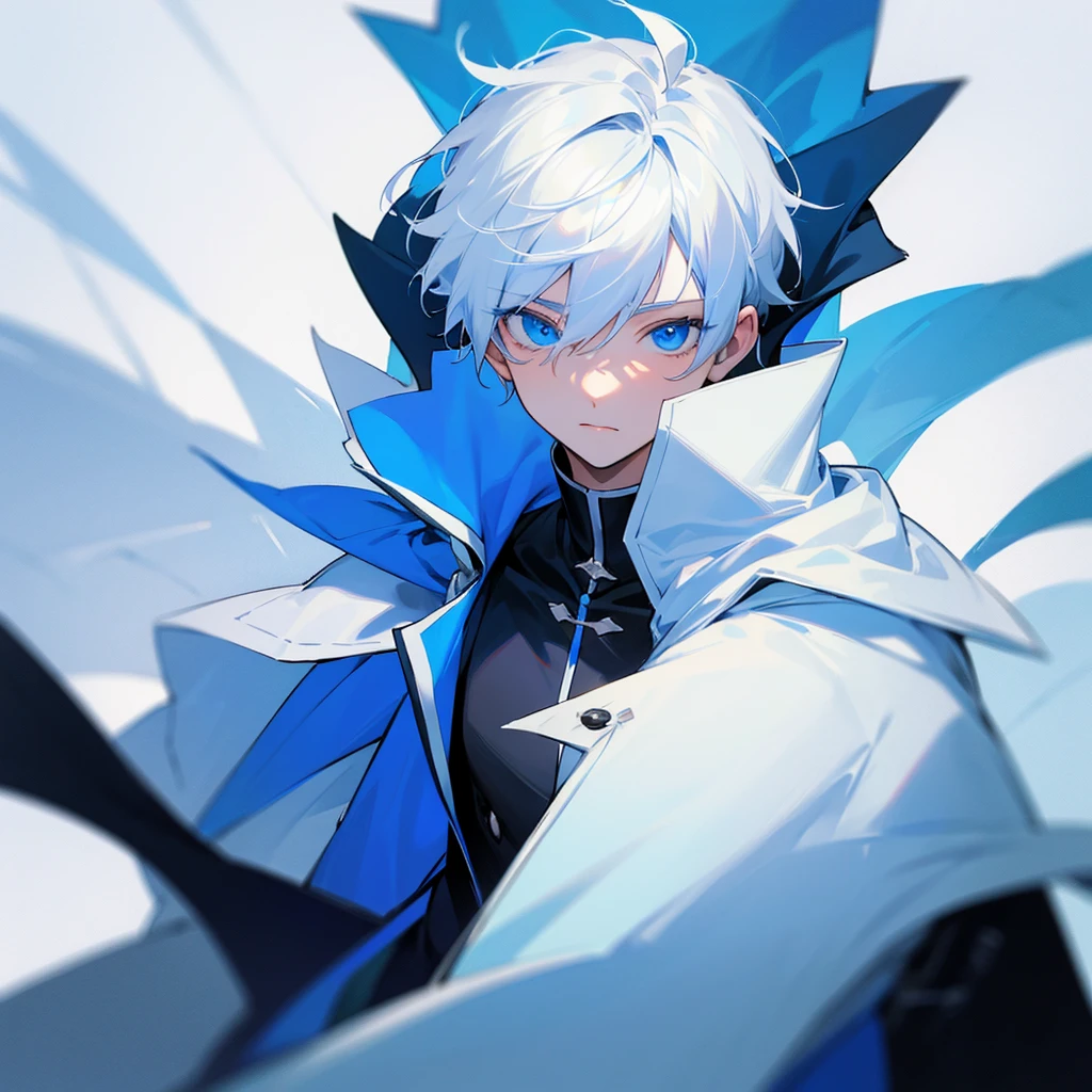 A Boy with white hair and blue eyes with a blue coat