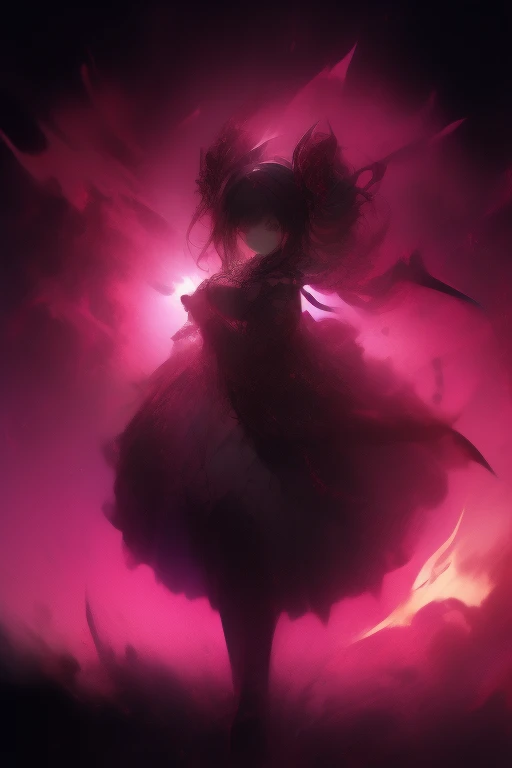 masterpiece, Highest quality, Super detailed, Hand-drawn、watercolor、girl, dark Knight, Mecha, anger, Glare, Swordsmanship, Right facing, Twin tails, Black Hair, Brown eyes, puppet, Pale skin, , Plump, Ruffled clothing, ribbon, With sword, gradient pink background, along with the meteor shower, Castle, At night, Gothic atmosphere, 3D Rendering, Full Body Shot, from the front, From above, Wide Shot, Three-part method, darkness, Shine, pink, Saturated colors
