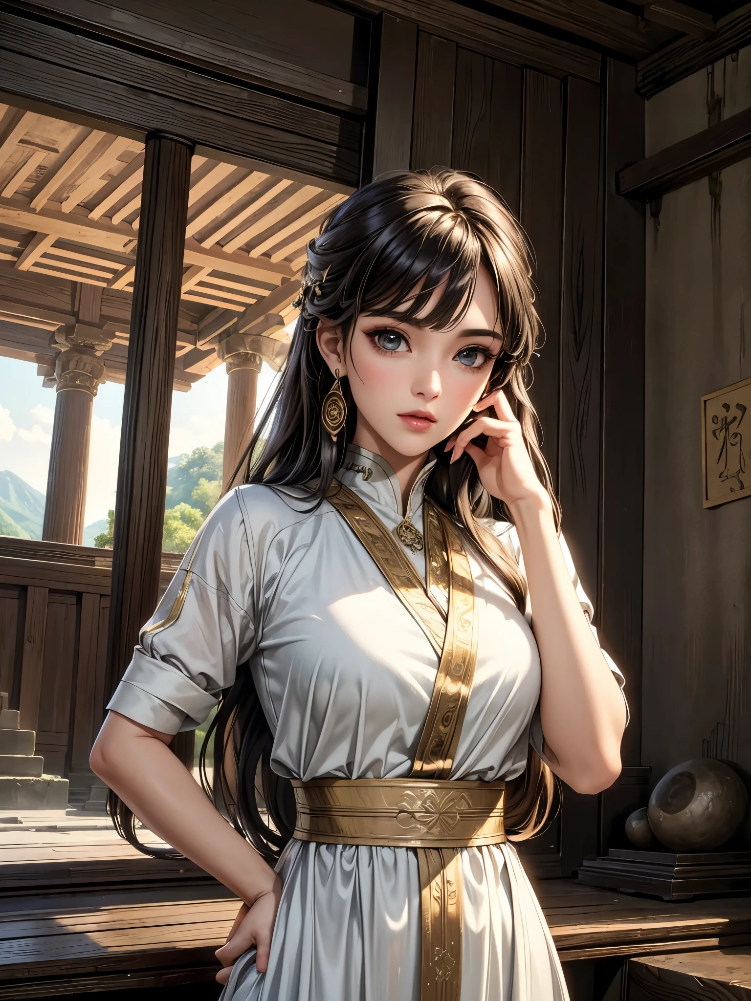 (best quality, 8K, masterpiece:1.3), pretty Woman, 1 girl, beautiful face, (seductive face), Black streaked honey blonde hair, blunt bangs single sidelock, absurdly long curtained straight hair, white casual dress, Ultra-detailed face, Detailed lips, super detailed eyes, double eyelids, long upper eyelashes, Soft skin, HD skin, Asia, Ancient temple ruins in East Asia, Ancient miracles, [broken building], jungle, 8k, Super detailed, best quality detail, retina, Ultra-high resolution, masterpiece, ccurate