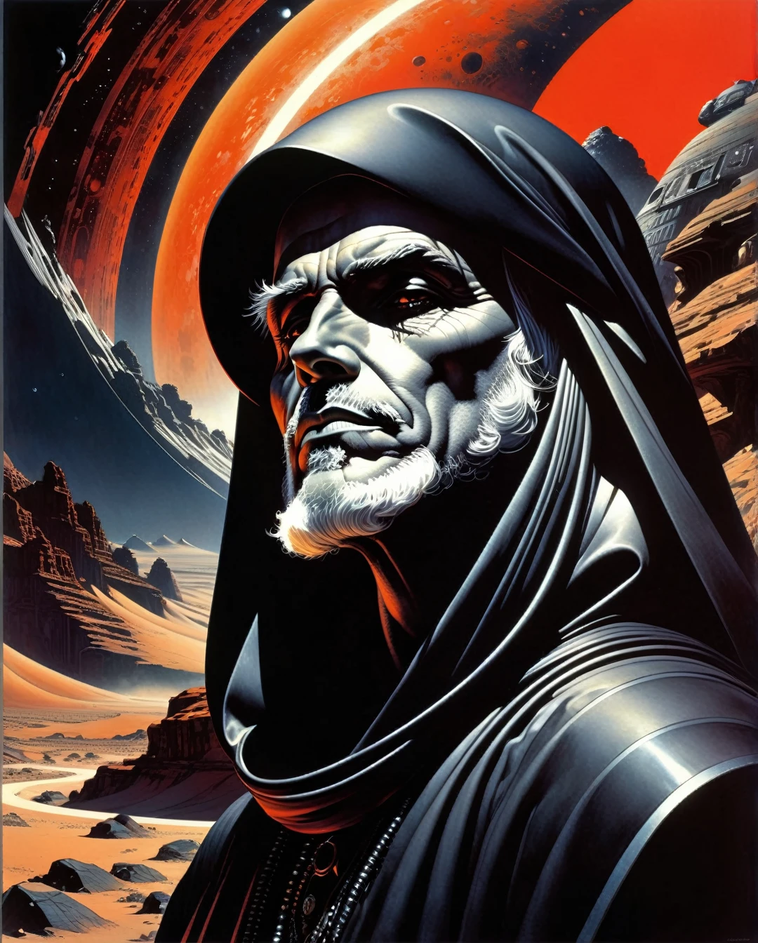 Art style by H. R. Giger, Art style by Syd Mead, Art style by Hajime Sorayama, (Masterpiece, Top Quality, Super Detail, High Resolution, Best Illustration), 1990s (style), 1980s (style), retro art style, Highest image quality, (Masterpiece, top quality, super detail, high resolution, best illustration), vintage, 1990s \(style\), dynamic angle, Solo, 1male, very old age, Saudi Arabian Bedouin, Duotone, Red and Black Only, in a distant rock, in the style ofrichard corben, brothershildebrandt, distinctive noses,space art, darkly detailed,mars ravelo, dark silver andcrimson