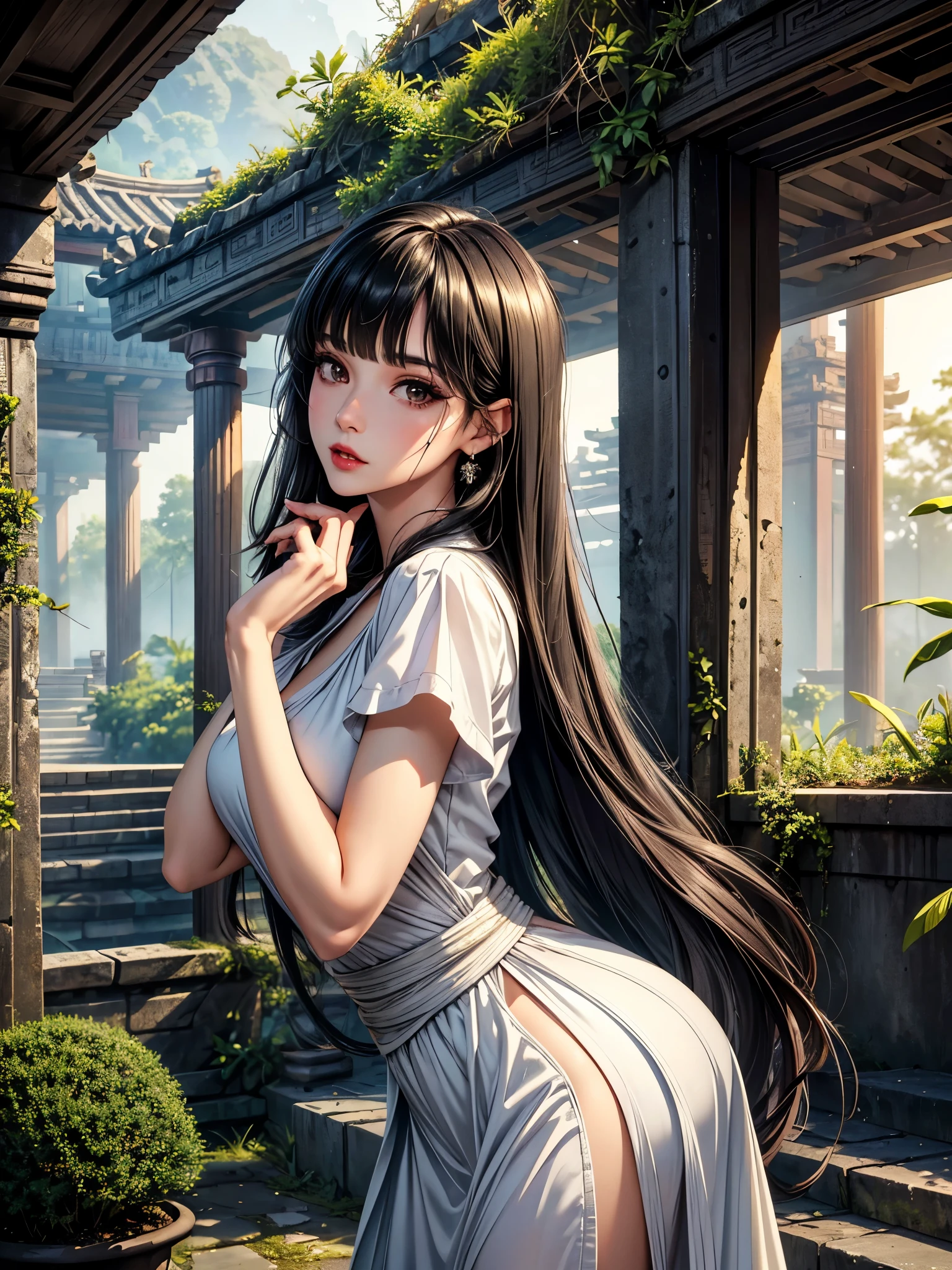 (best quality, 8K, masterpiece:1.3), pretty Woman, 1 girl, beautiful face, (seductive face), Black hair, blunt bangs single sidelock, absurdly long curtained straight hair, white casual dress, Ultra-detailed face, Detailed lips, super detailed eyes, double eyelids, long upper eyelashes, Soft skin, HD skin, Asia, Ancient temple ruins in East Asia, Ancient miracles, [broken building], jungle, 8k, Super detailed, best quality detail, retina, Ultra-high resolution, masterpiece, ccurate