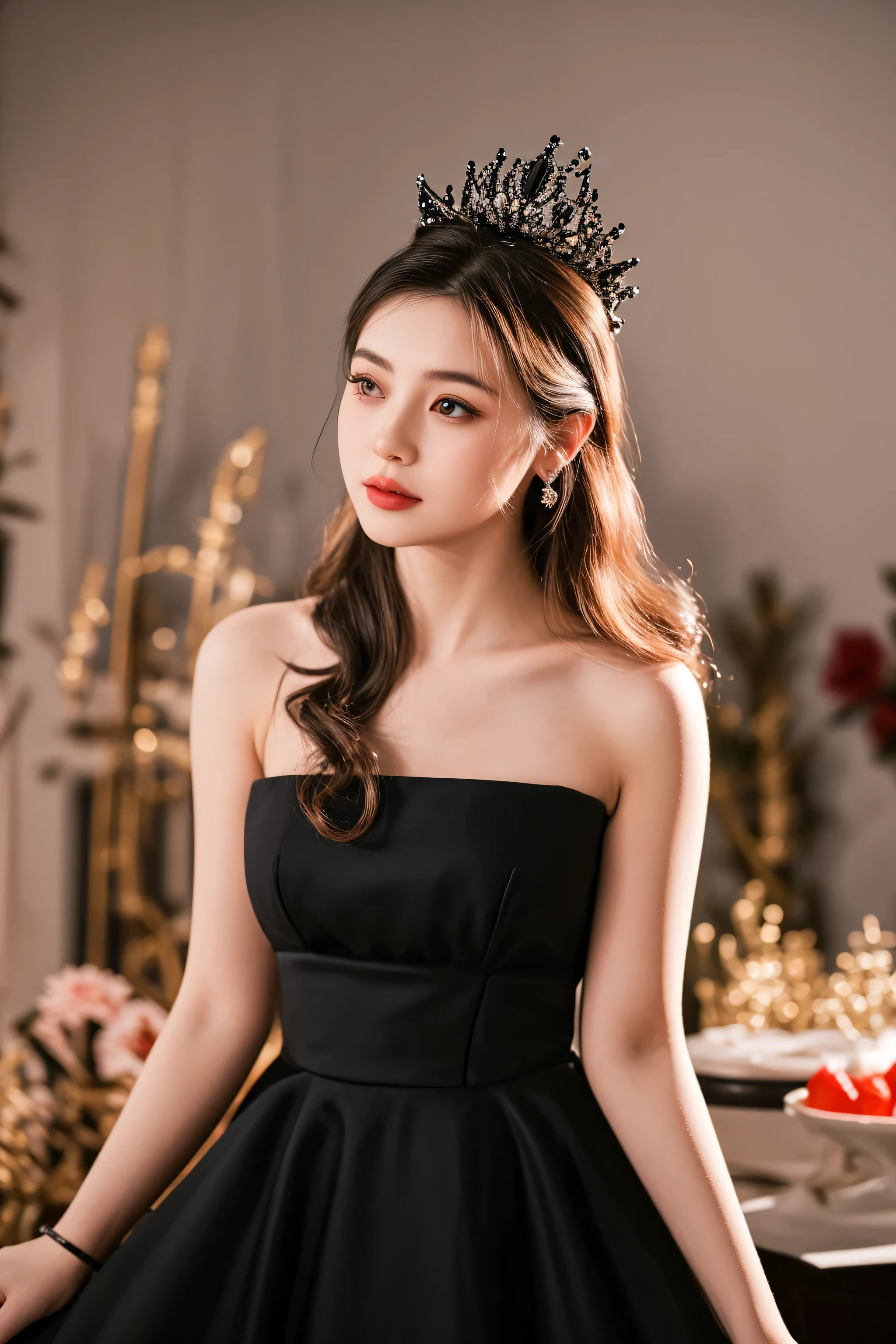 araffe woman in a black dress posing for a picture, wearing long gown, cute elegant pose, she is wearing a black dress, an elegant woman in black dress, wearing a black noble suit, elegant dress, wearing an evening gown, wearing an elegant dress, royal elegant pose, with crown, half-turned lady in evening gown, black gown